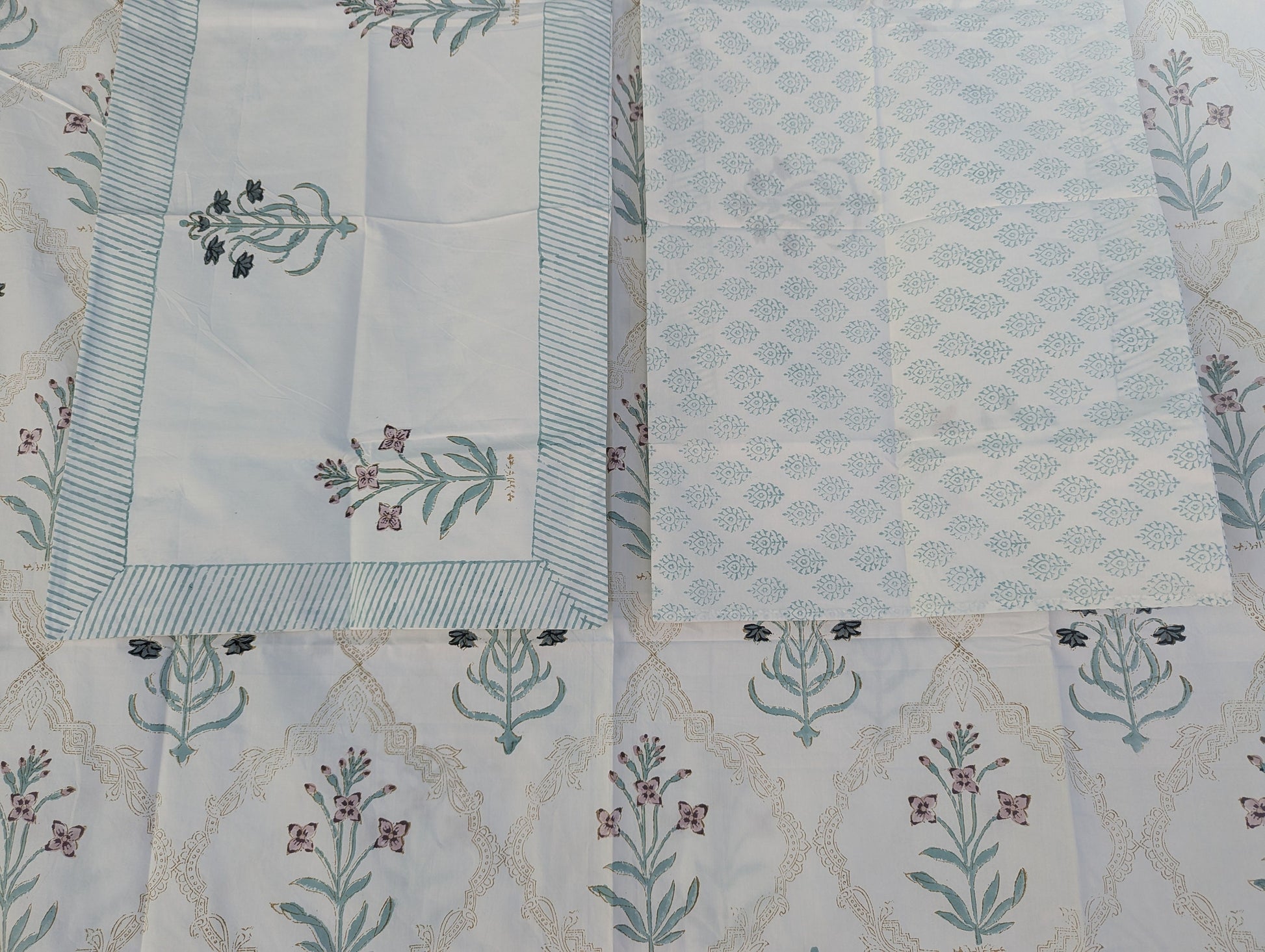 Vintage Style Jaipuri Hand Block Floral Percale Cotton Oversized King Flat Sheet (White base with blue and pink gray floral motifs)