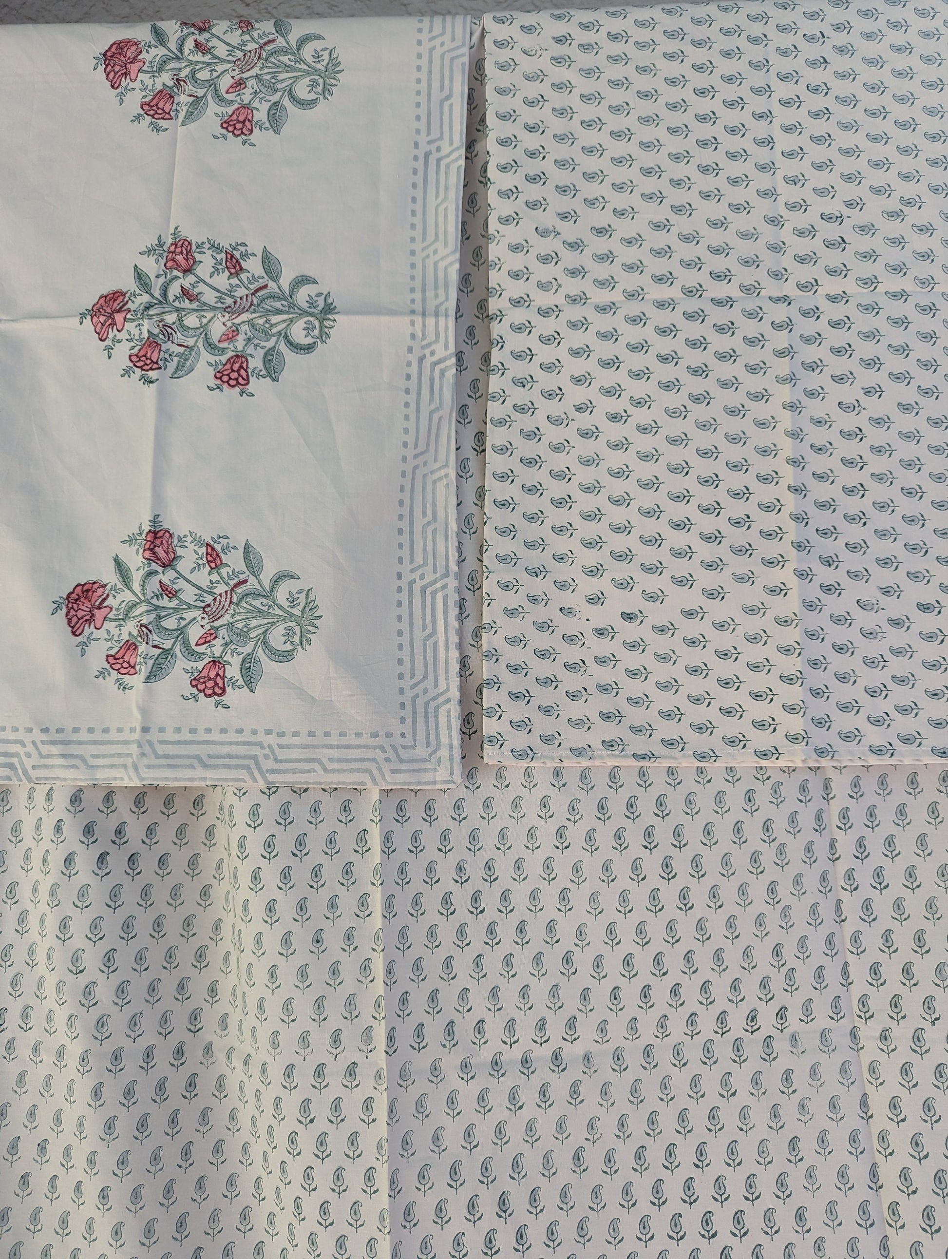 Vintage Style Jaipuri Hand Block Floral Percale Cotton Oversized King Flat Sheet (Cream base with floral borders)