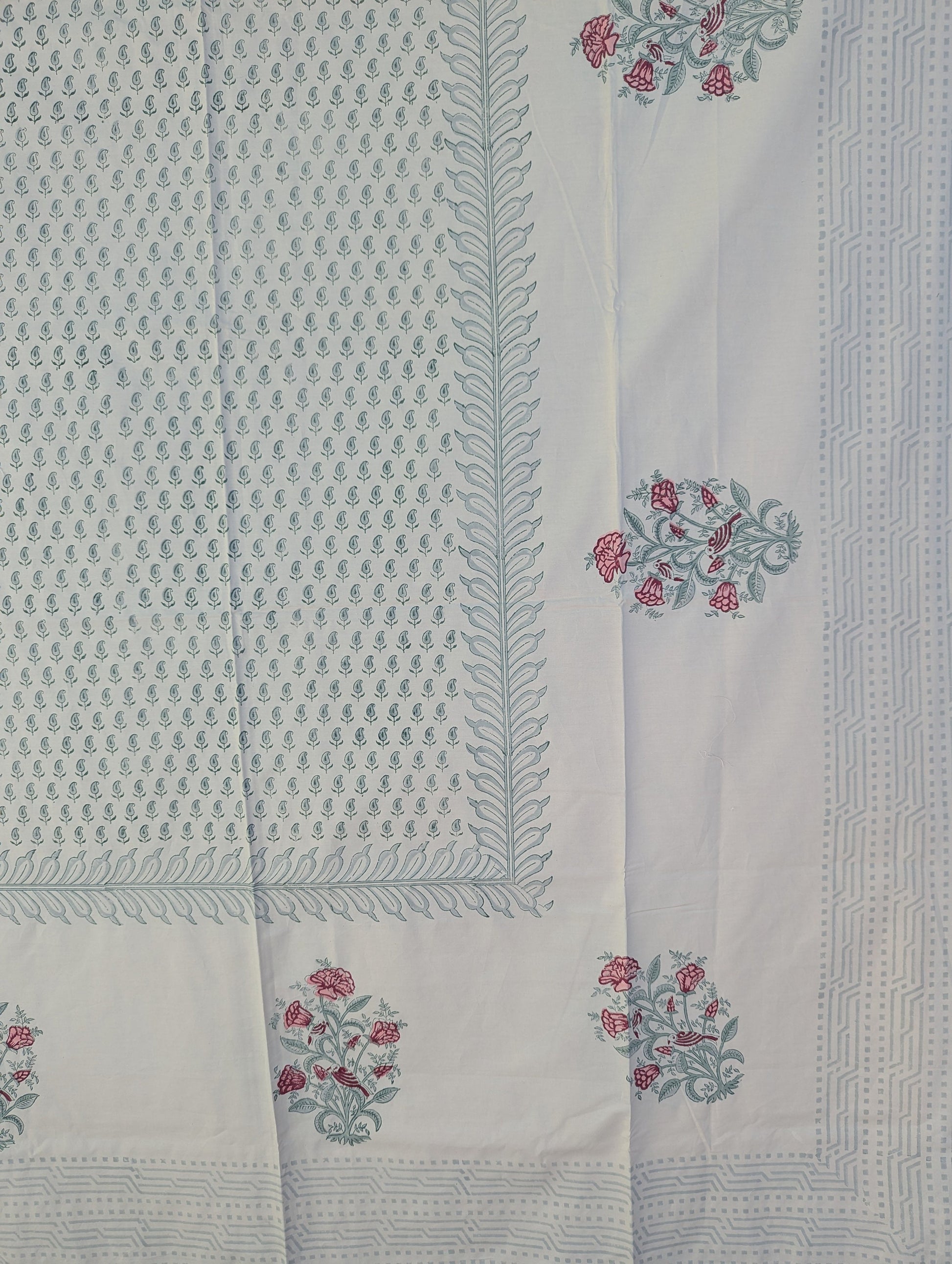 Vintage Style Jaipuri Hand Block Floral Percale Cotton Oversized King Flat Sheet (Cream base with floral borders)