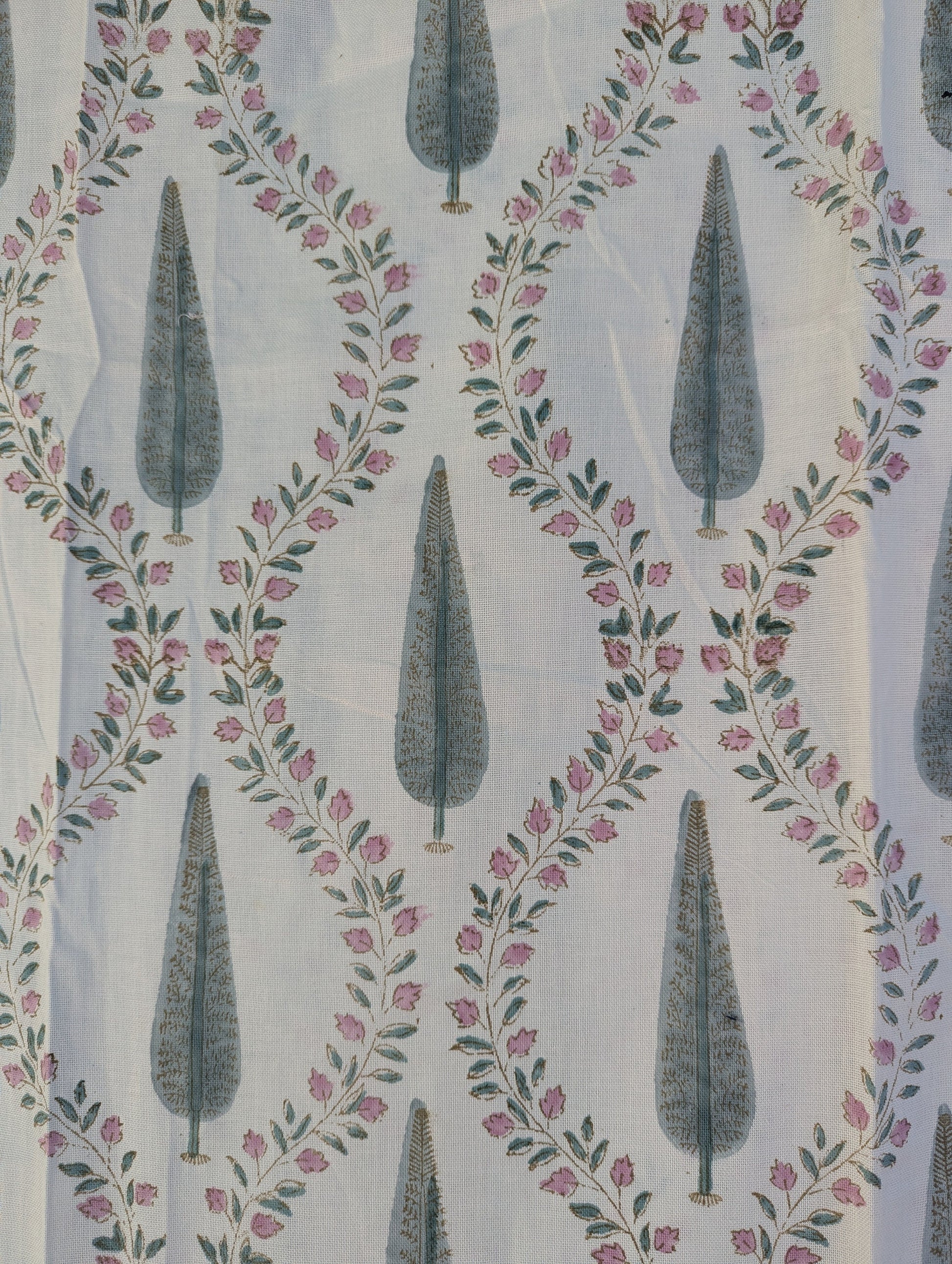 Linen Hand Block Floral Oversized King Flat Sheet (White base with pink and gray floral pattern)