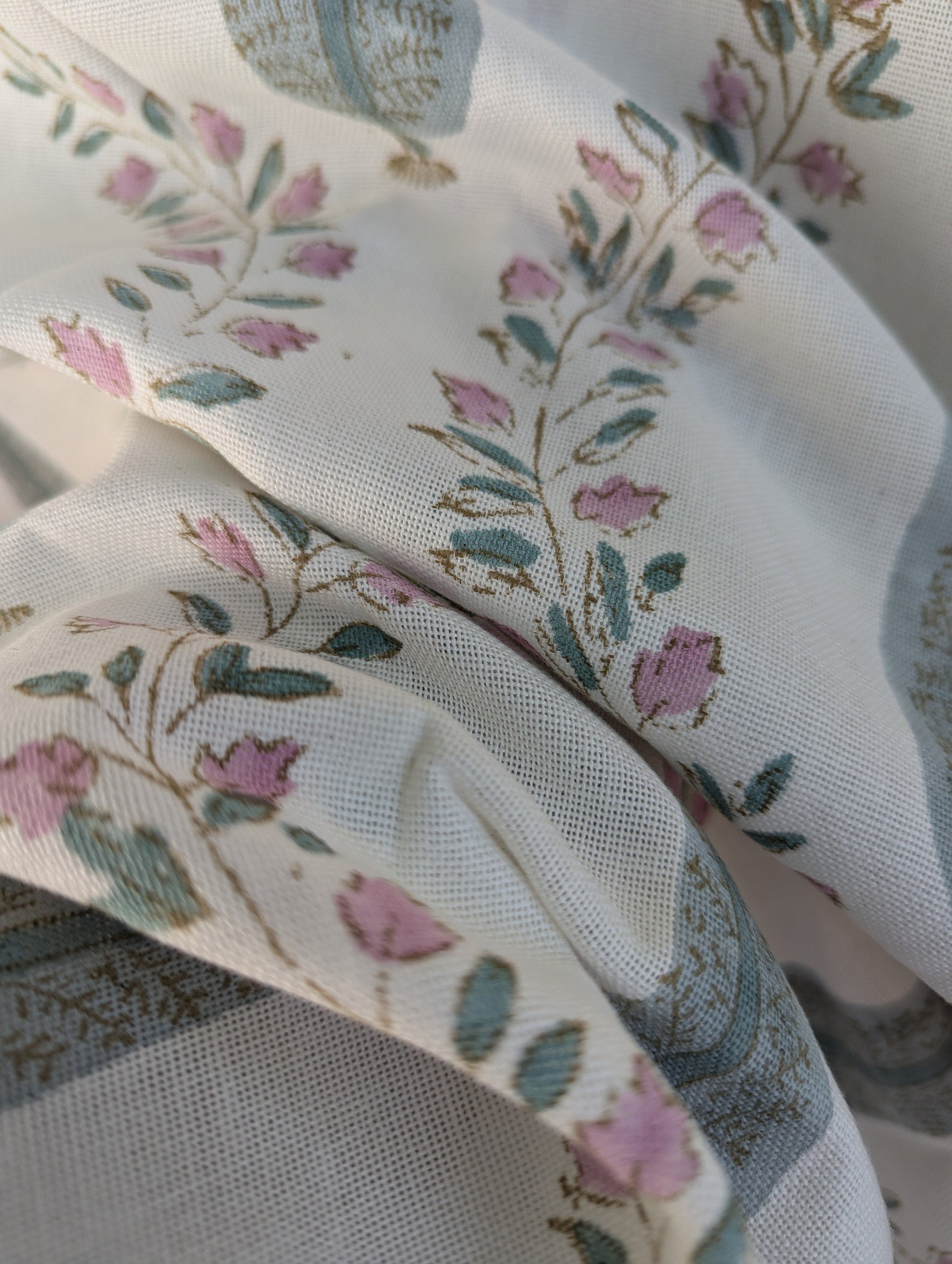 Linen Hand Block Floral Oversized King Flat Sheet (White base with pink and gray floral pattern)