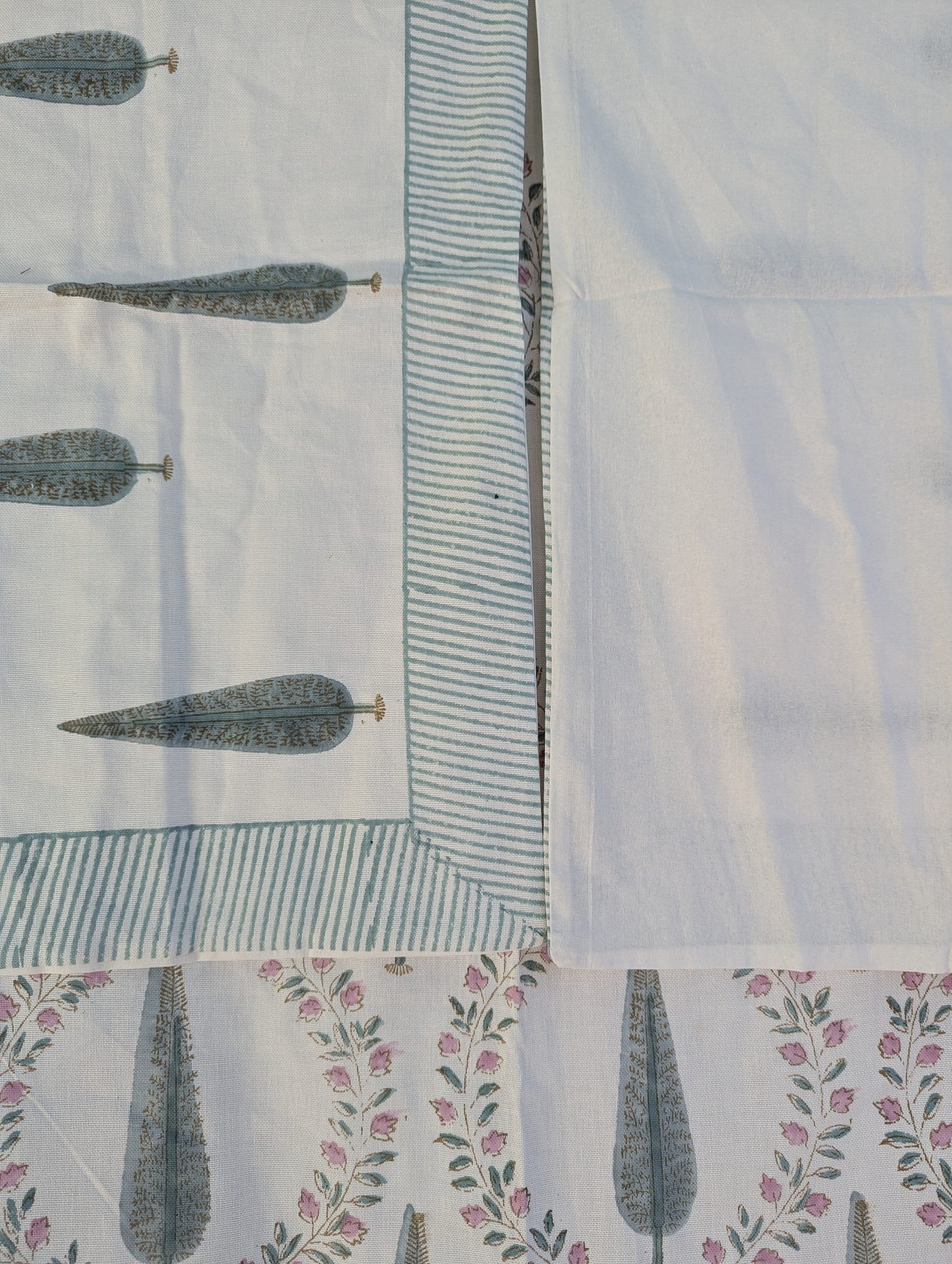 Linen Hand Block Floral Oversized King Flat Sheet (White base with pink and gray floral pattern)