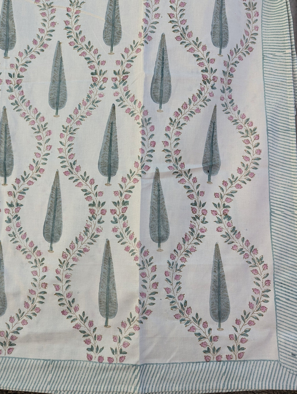 Linen Hand Block Floral Oversized King Flat Sheet (White base with pink and gray floral pattern)