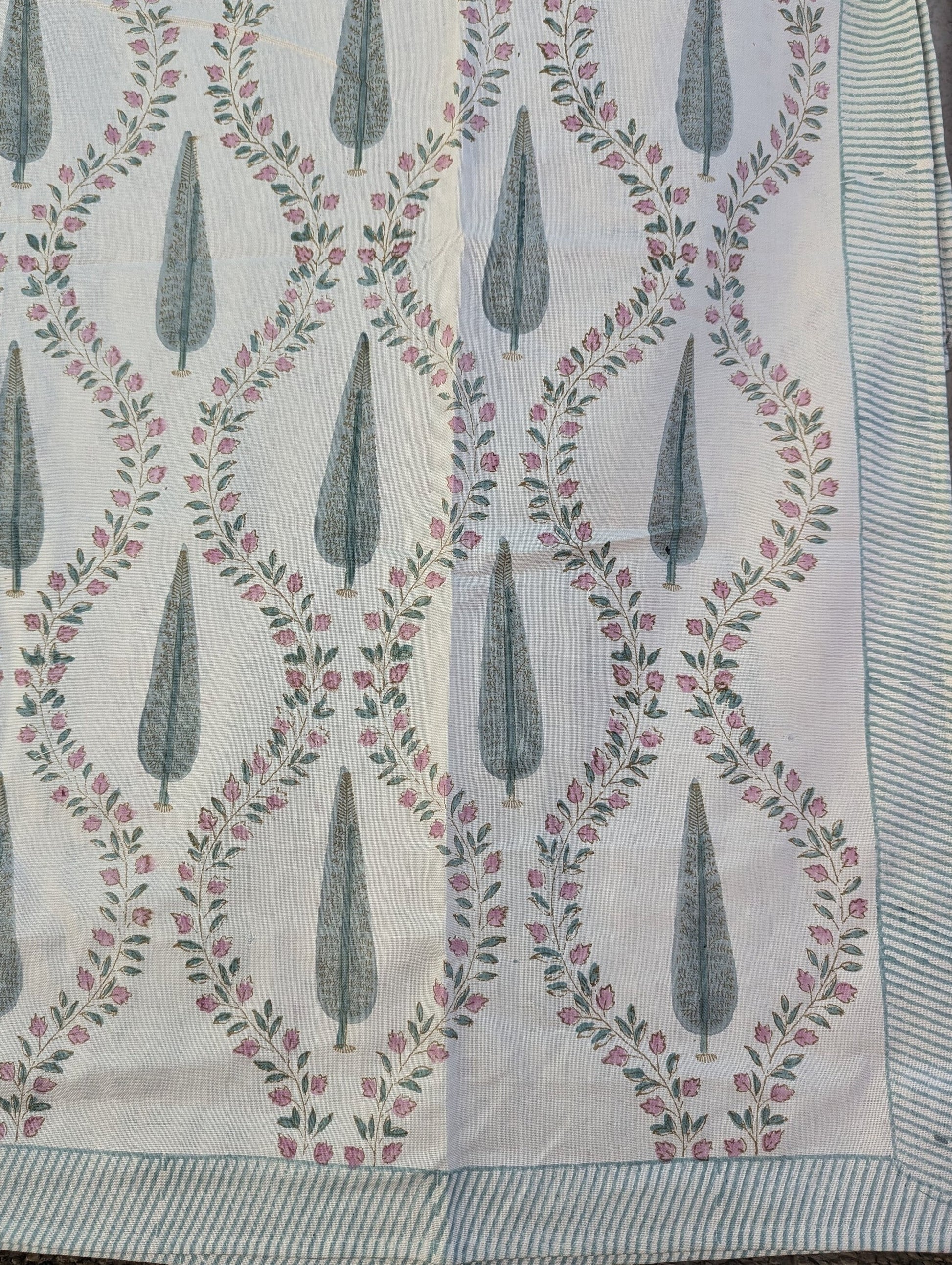 Linen Hand Block Floral Oversized King Flat Sheet (White base with pink and gray floral pattern)