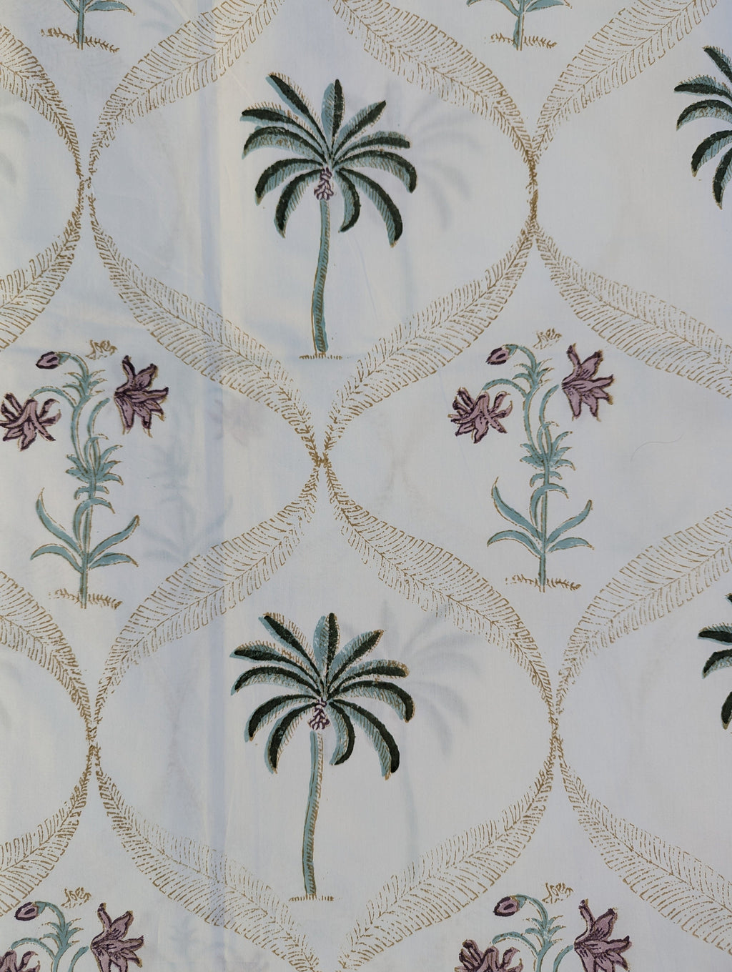 Tropical Style Jaipuri Hand Block Floral Percale Cotton Queen Flat Sheet (White base with multi colored pattern)