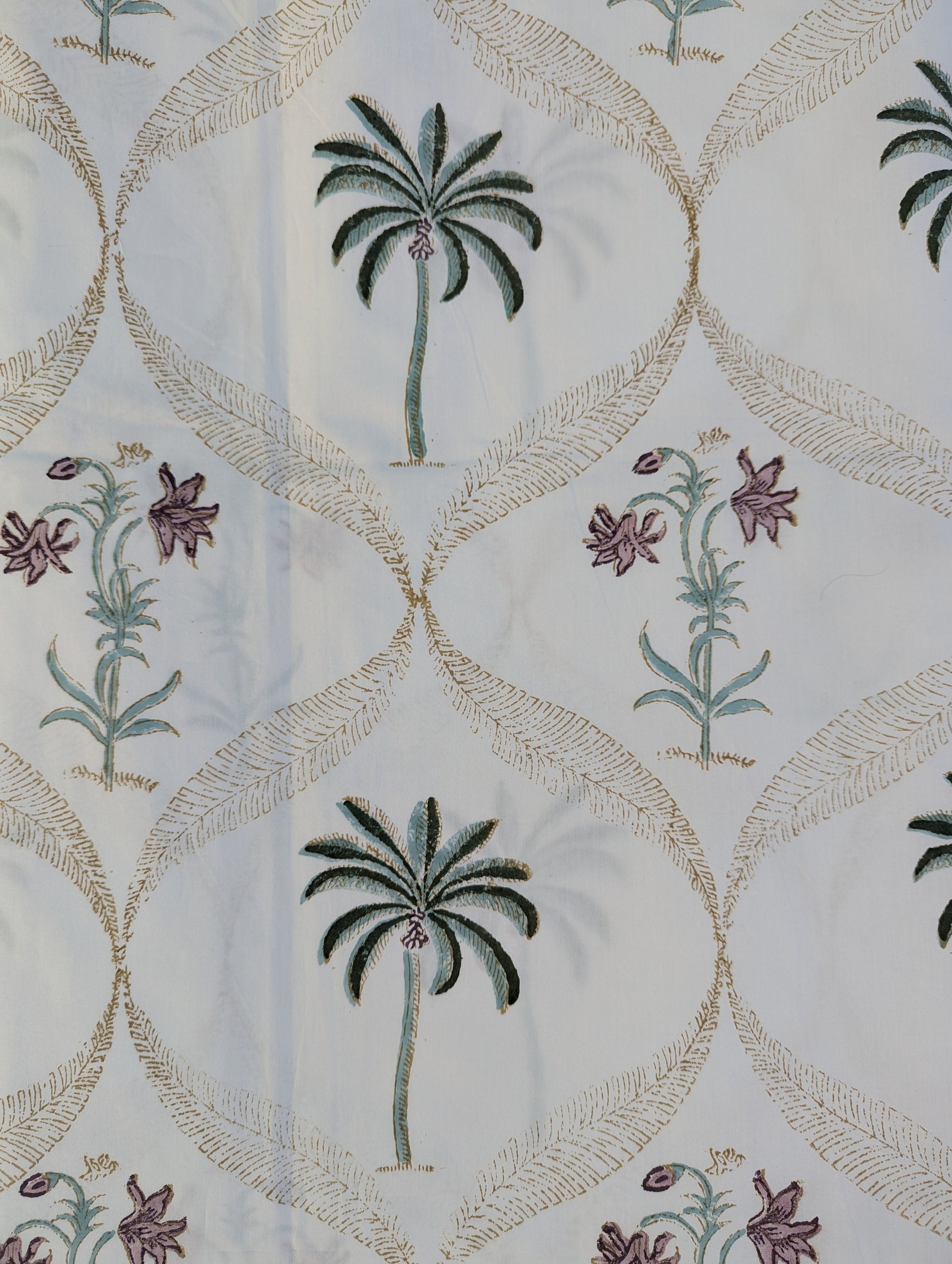 Tropical Style Jaipuri Hand Block Floral Percale Cotton Queen Flat Sheet (White base with multi colored pattern)