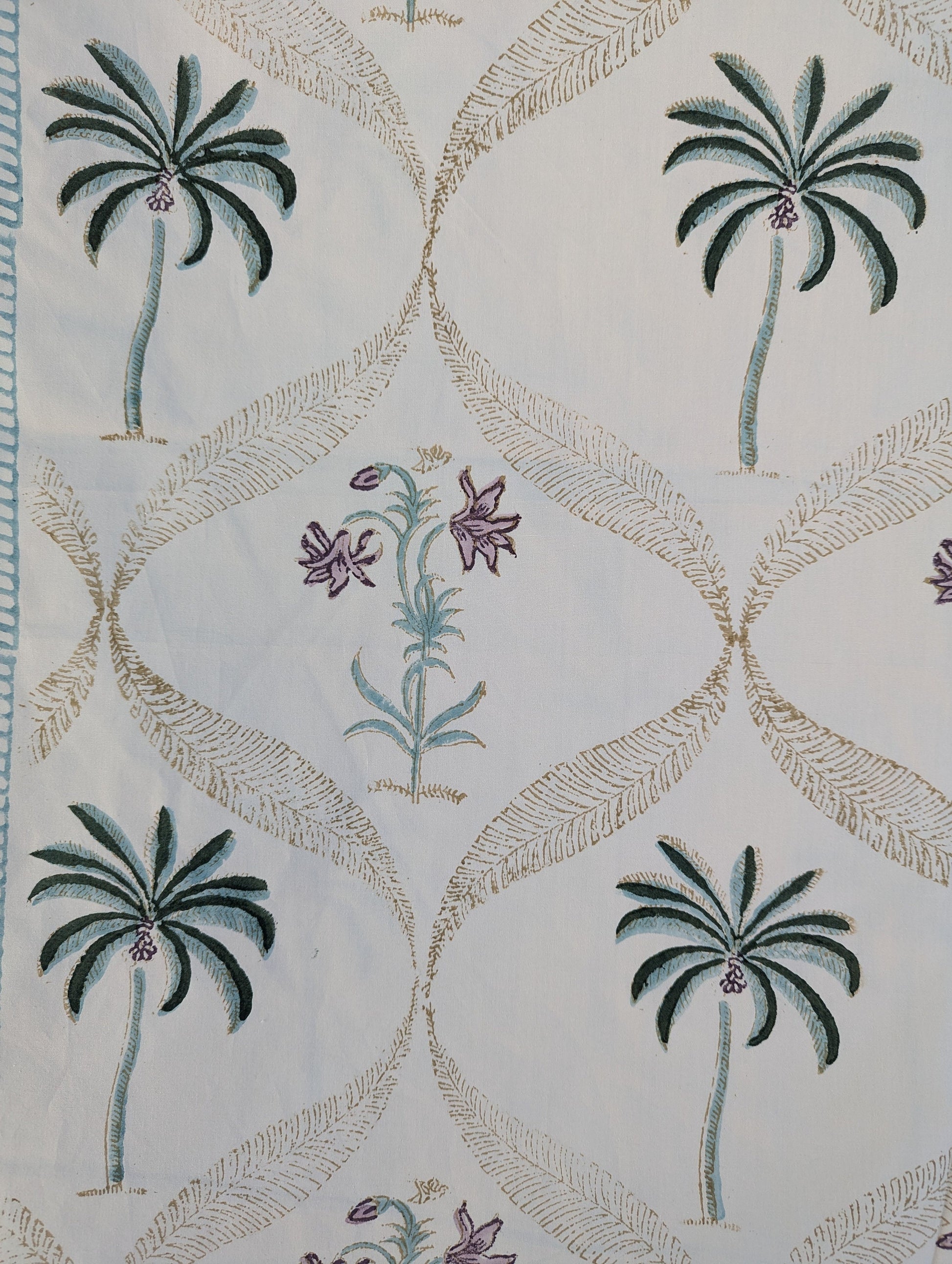 Tropical Style Jaipuri Hand Block Floral Percale Cotton Oversized Queen Flat Sheet (Cream base with floral pattern)