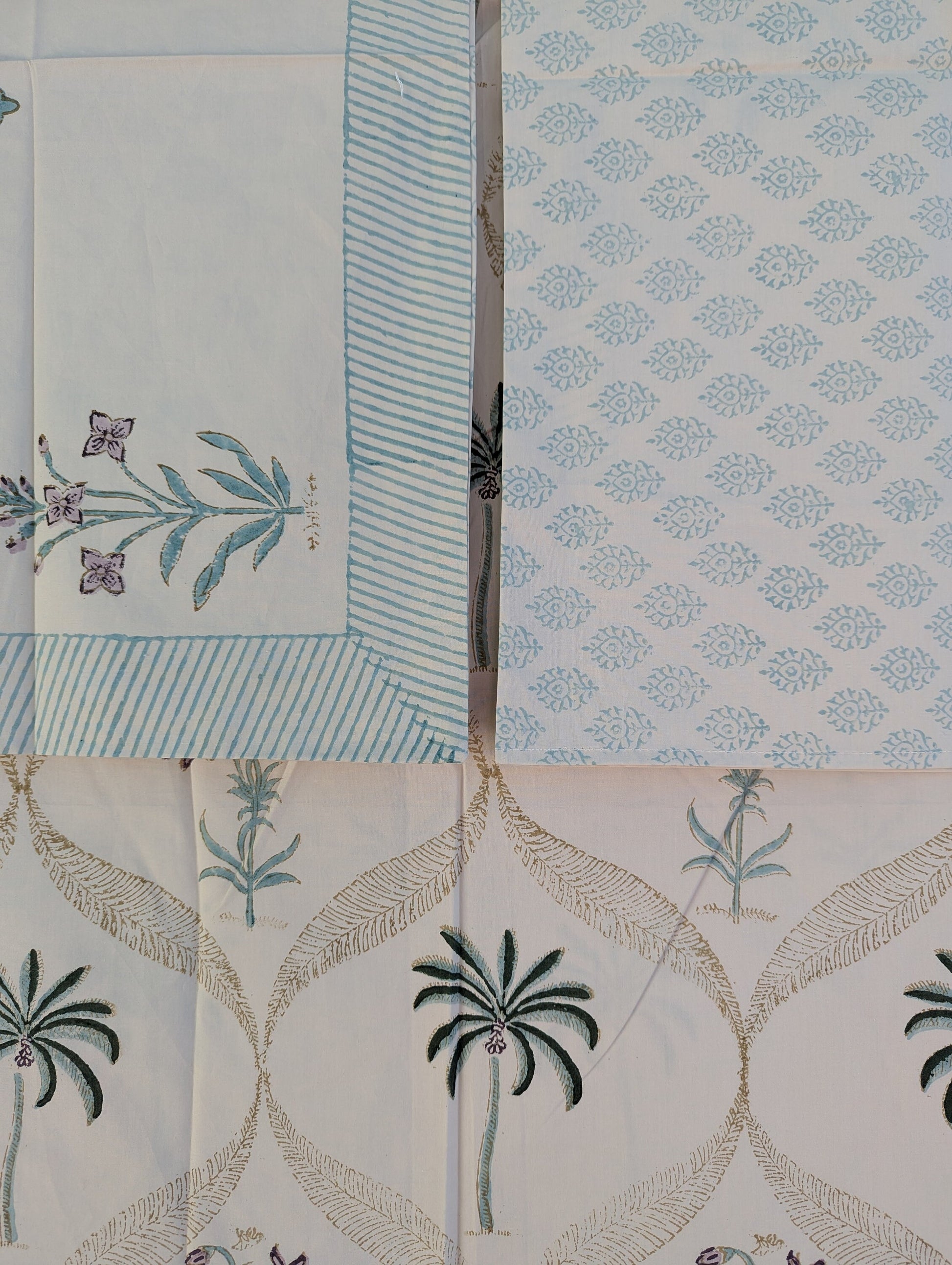 Tropical Style Jaipuri Hand Block Floral Percale Cotton Oversized Queen Flat Sheet (Cream base with floral pattern)
