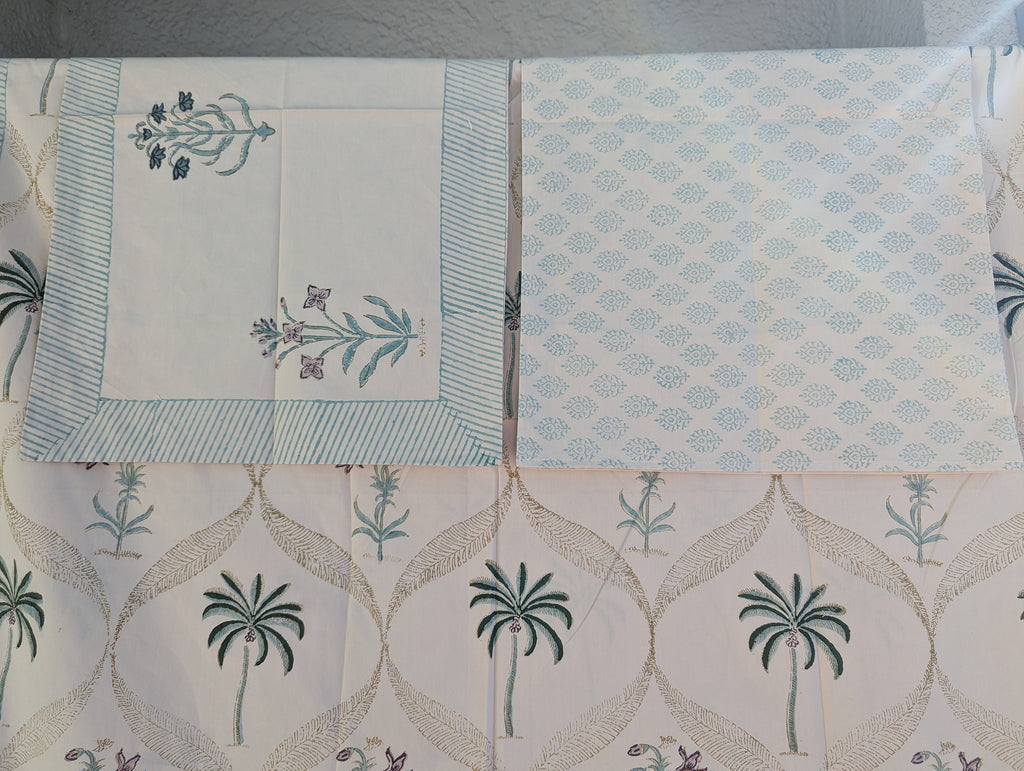 Tropical Style Jaipuri Hand Block Floral Percale Cotton Oversized Queen Flat Sheet (Cream base with floral pattern)