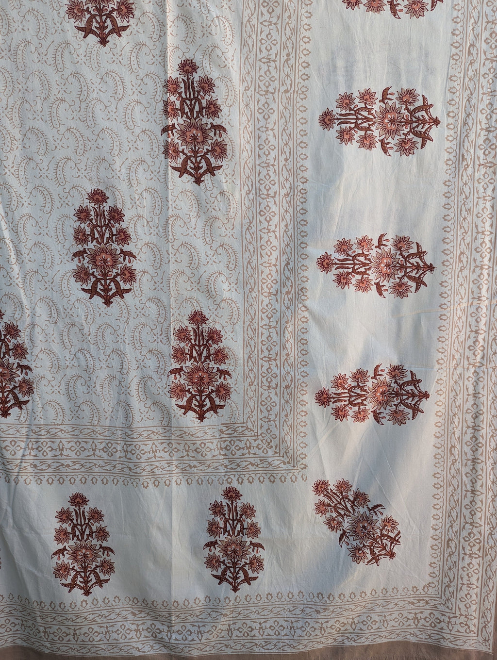 Block Print Organic Cotton Oversized King Floral Flat Sheet and Co-ord Pillows (White base with marroon floral pattern)