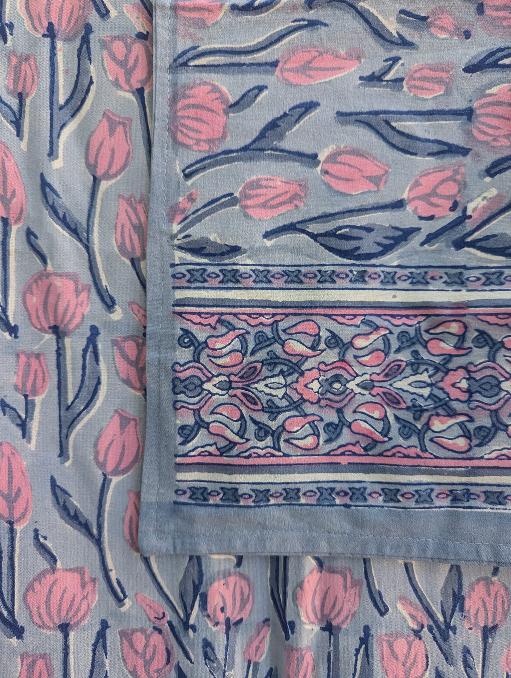 Block Print Organic Cotton Oversized King Tulip Flat Sheet and Co-ord Pillows (Gray base with pink floral pattern)