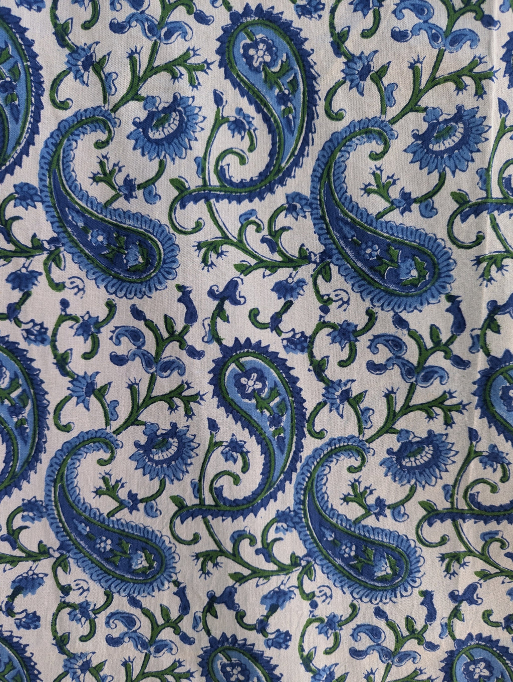 Block Print Organic Cotton Oversized King Floral Flat Sheet and Co-ord Pillows (White base with blue green floral pattern)