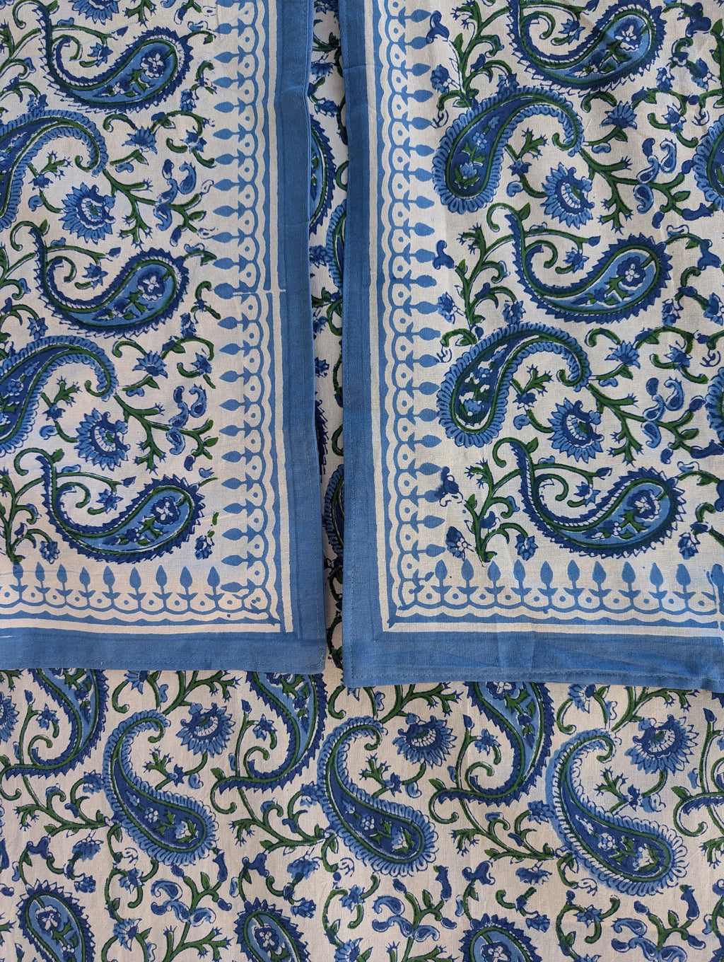 Block Print Organic Cotton Oversized King Floral Flat Sheet and Co-ord Pillows (White base with blue green floral pattern)