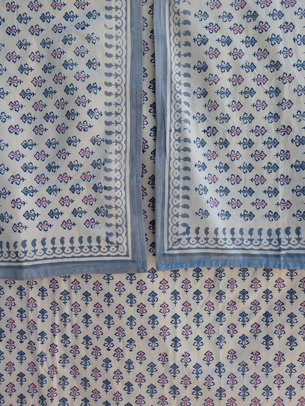 Block Print Organic Cotton Oversized King Symmetric Floral Flat Sheet and Co-ord Pillows (White base with pink blue floral pattern)