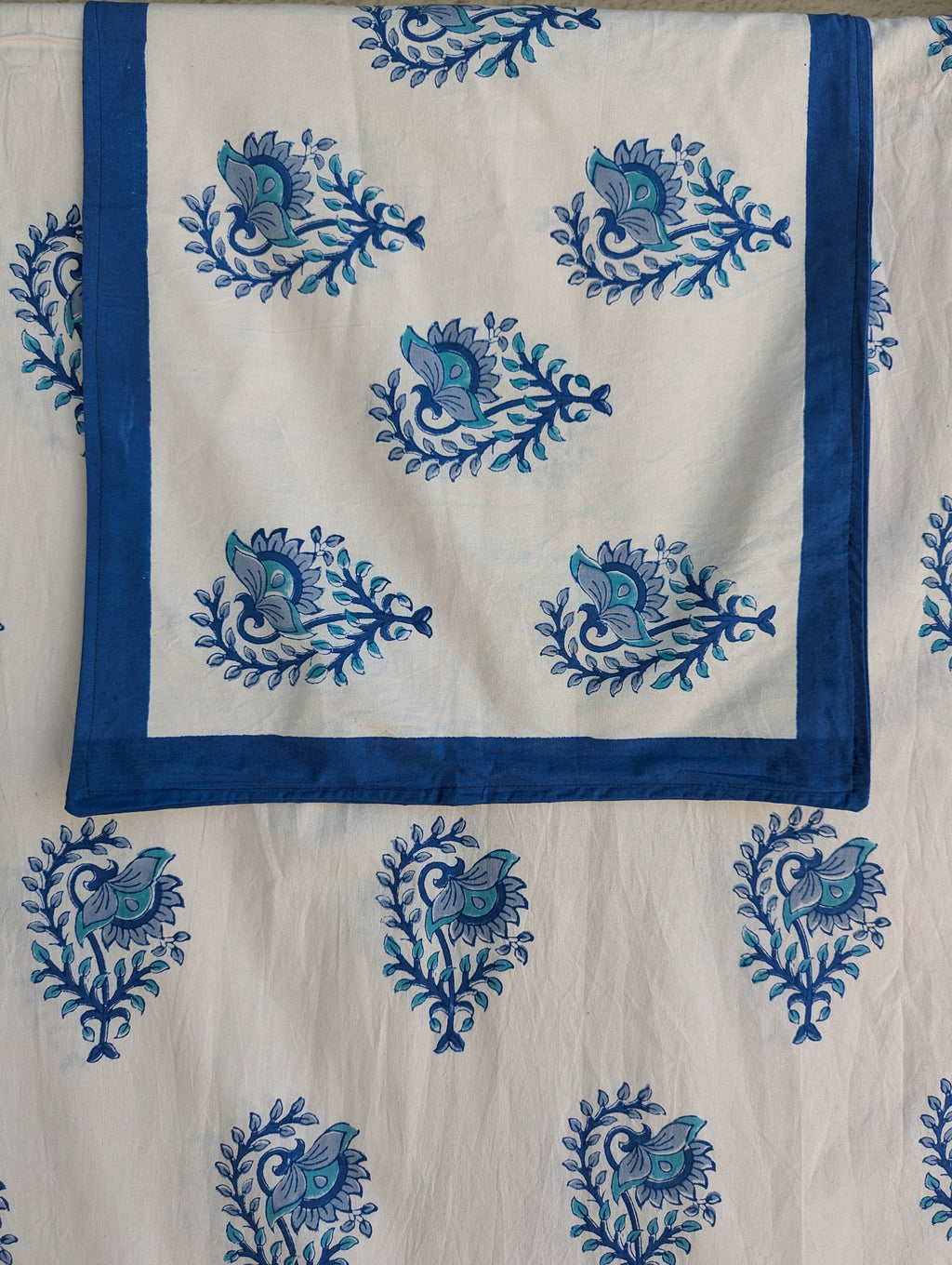 Block Print Organic Cotton Oversized King Symmetric Floral Flat Sheet and Co-ord Pillows (White base with large blue floral pattern)