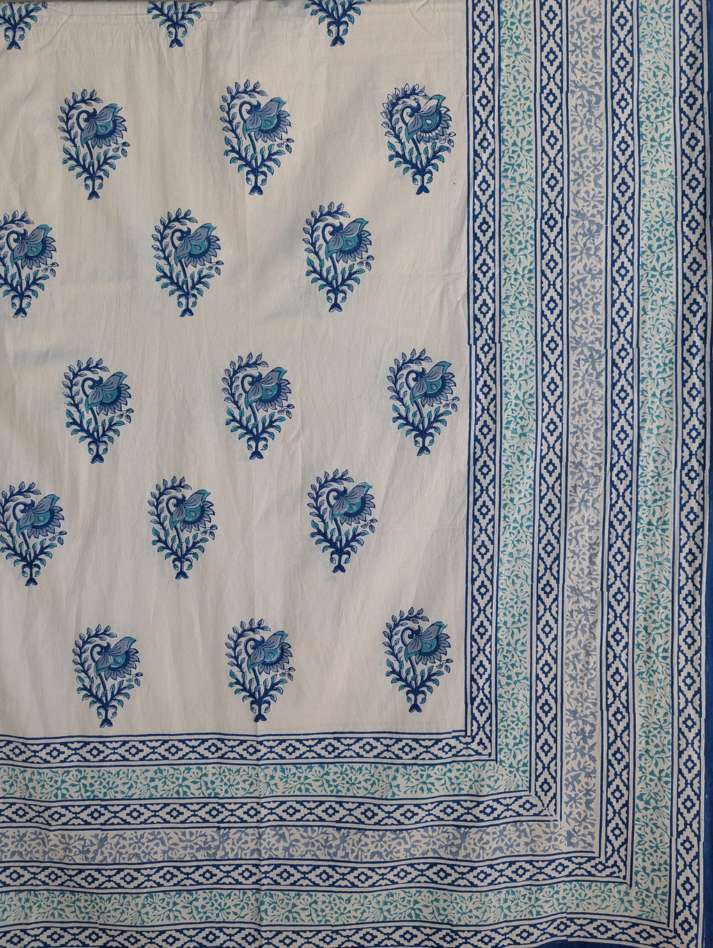 Block Print Organic Cotton Oversized King Symmetric Floral Flat Sheet and Co-ord Pillows (White base with large blue floral pattern)
