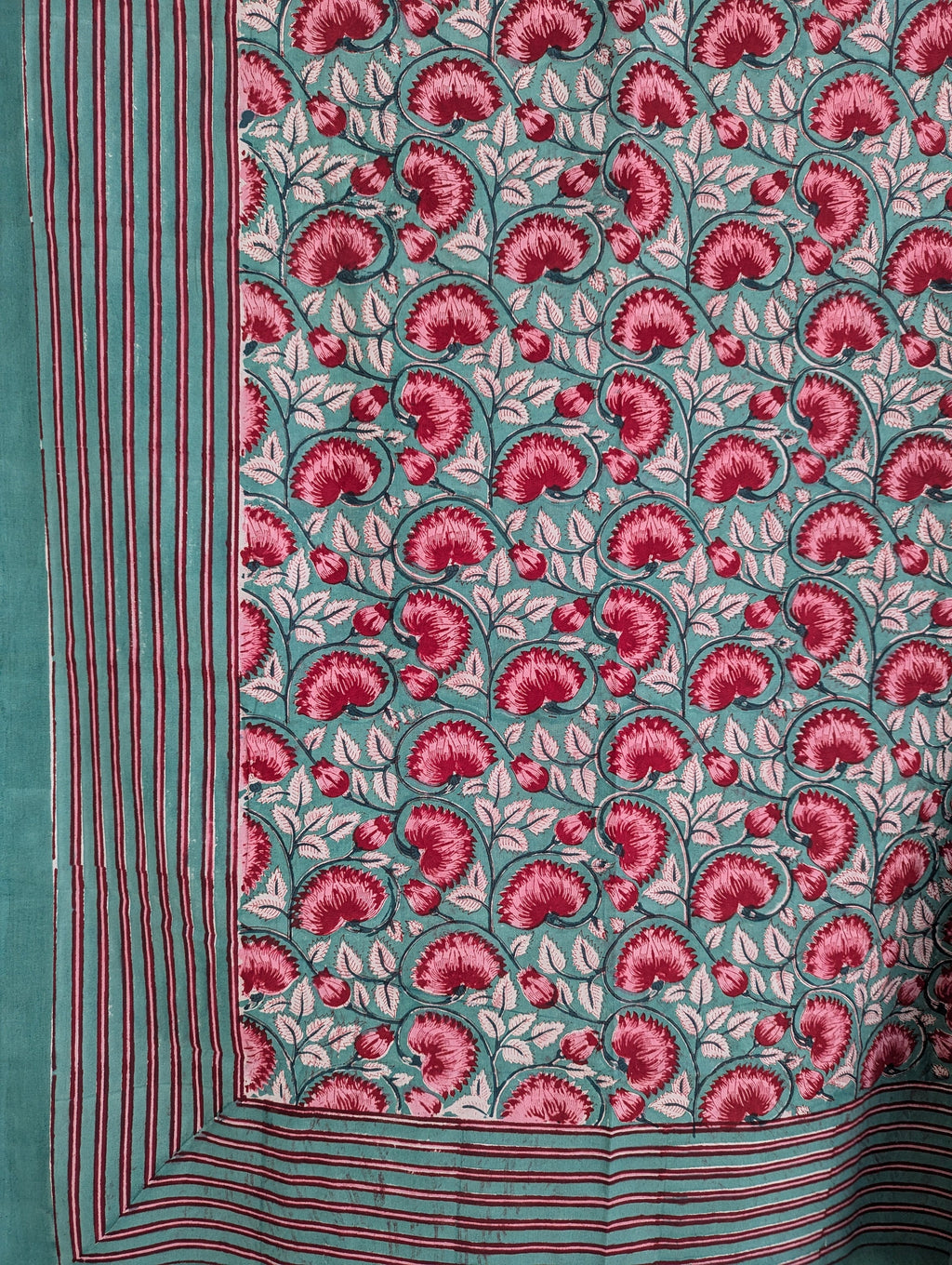 Block Print Organic Cotton Twin size Flat Sheet (Green base with pink floral pattern)