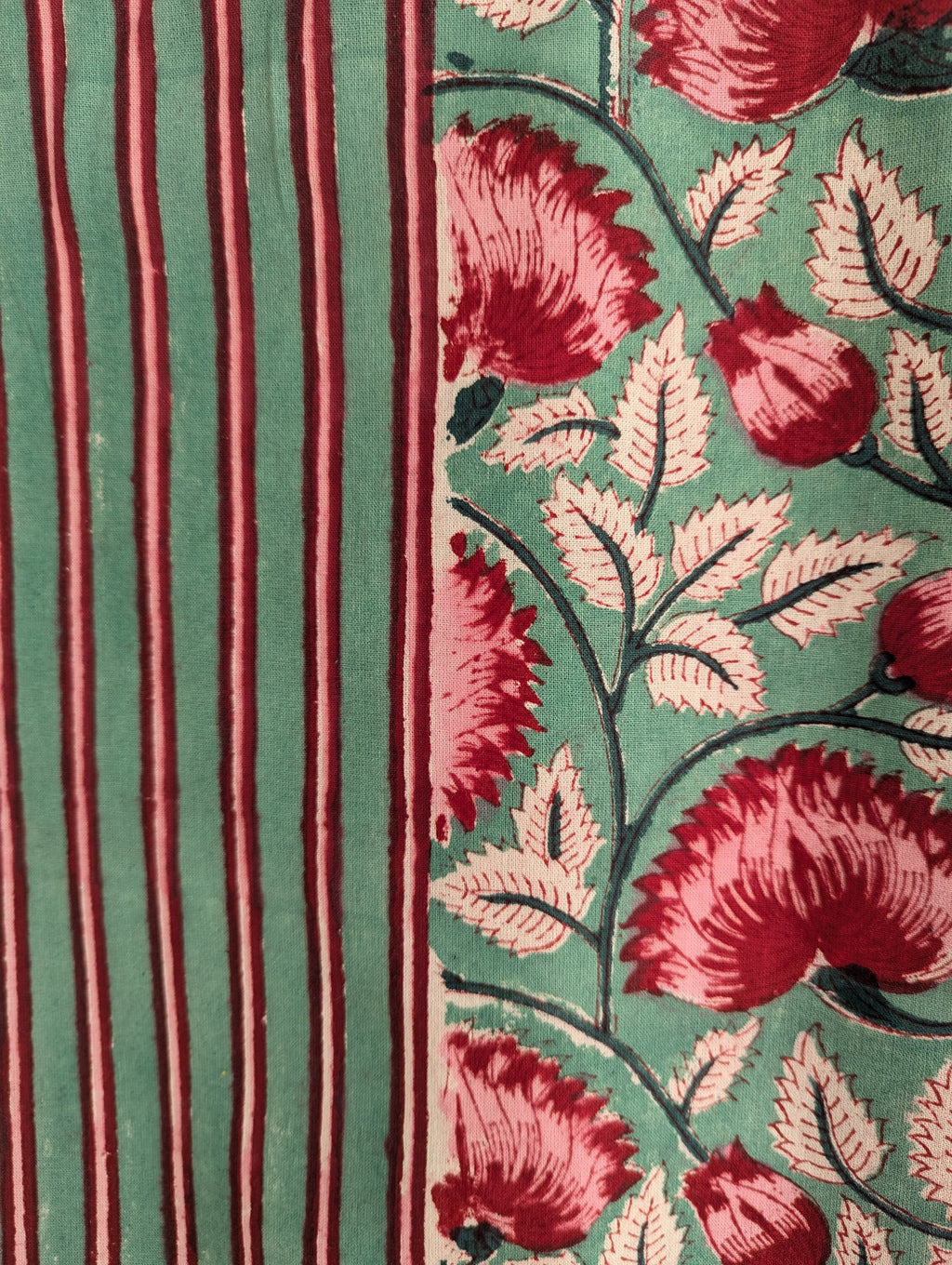 Block Print Organic Cotton Twin size Flat Sheet (Green base with pink floral pattern)