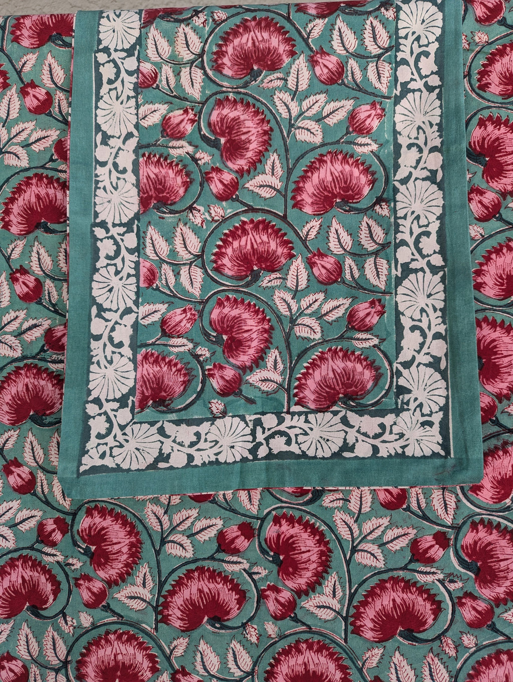 Block Print Organic Cotton Twin size Flat Sheet (Green base with pink floral pattern)