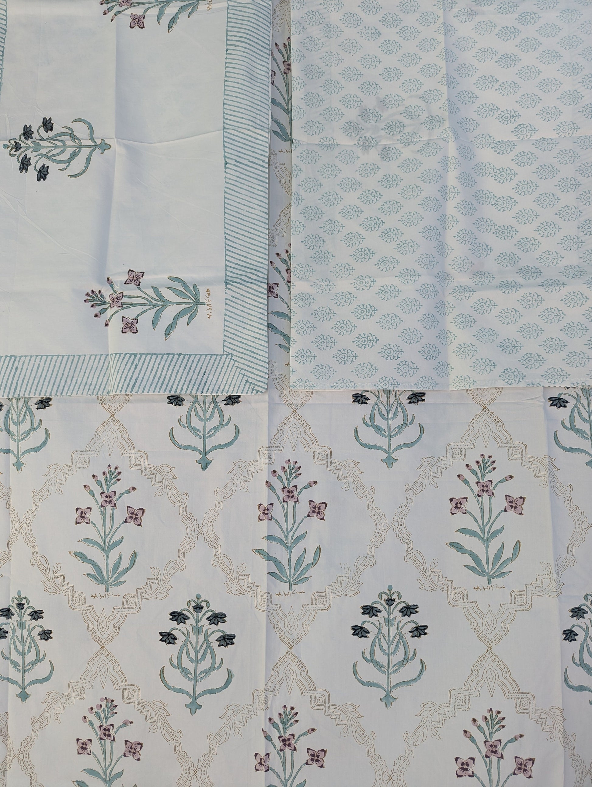 Vintage Style Jaipuri Hand Block Floral Percale Cotton Oversized King Flat Sheet (White base with blue and pink gray floral motifs)
