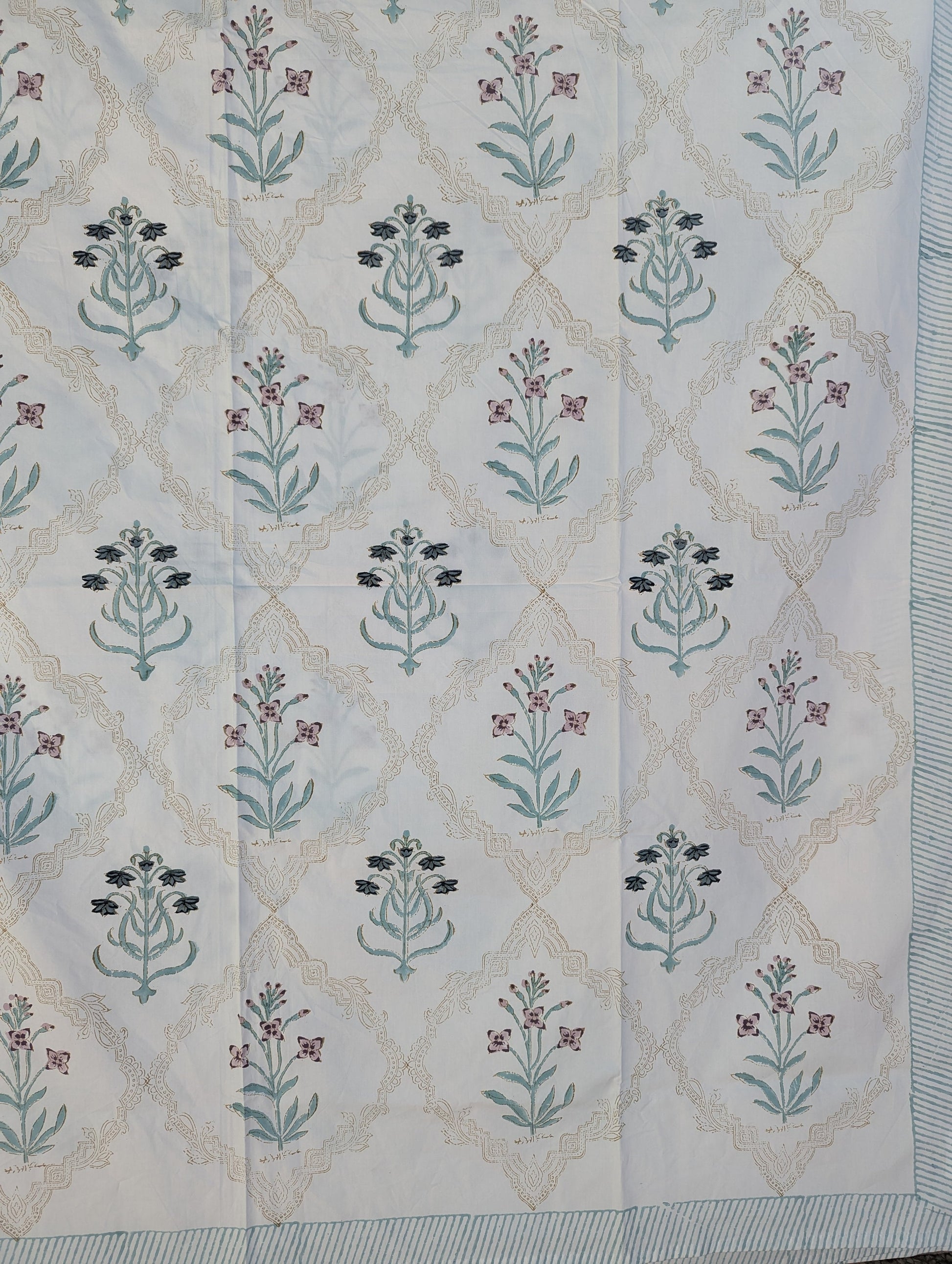 Vintage Style Jaipuri Hand Block Floral Percale Cotton Oversized King Flat Sheet (White base with blue and pink gray floral motifs)