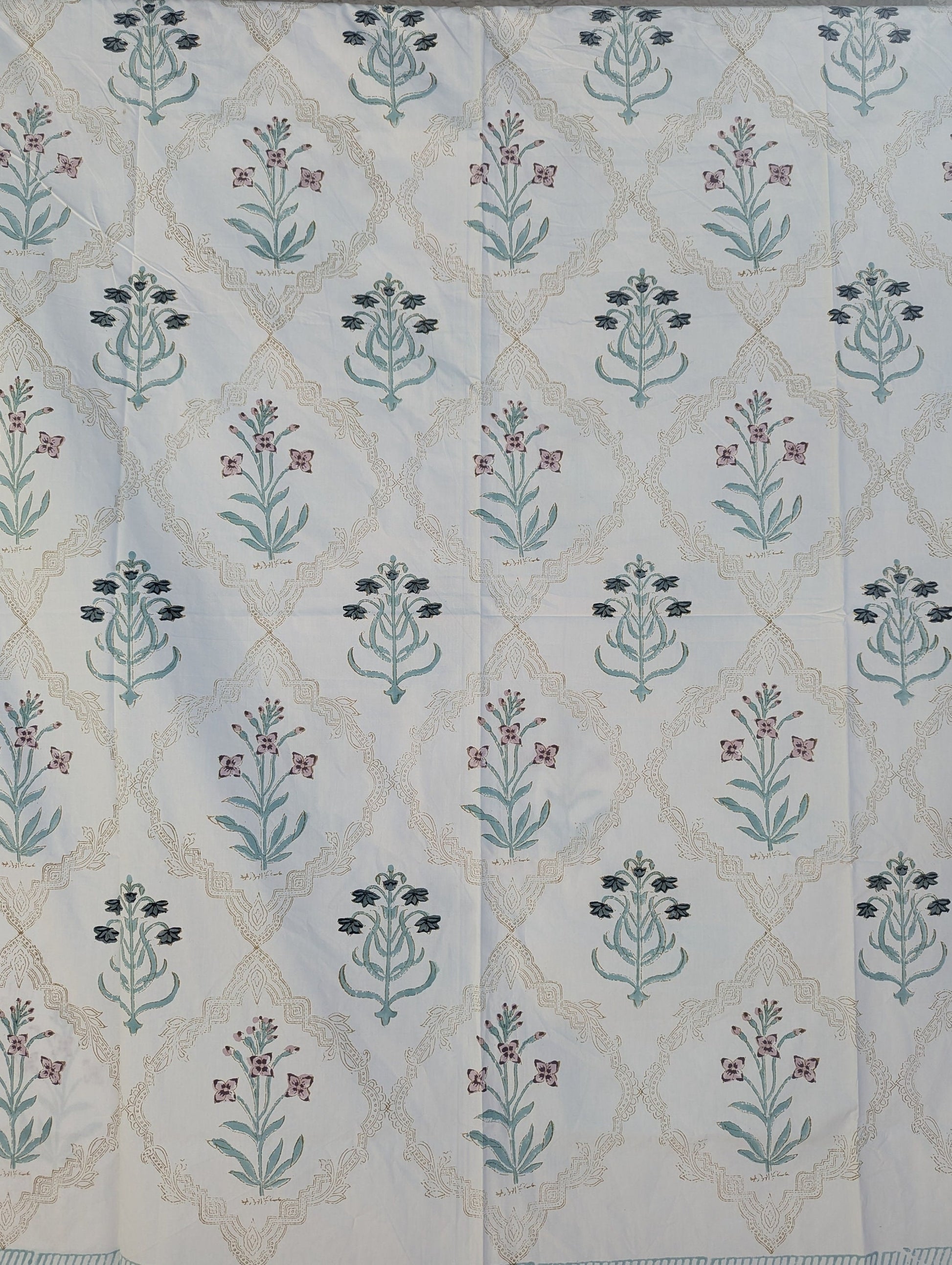 Vintage Style Jaipuri Hand Block Floral Percale Cotton Oversized King Flat Sheet (White base with blue and pink gray floral motifs)