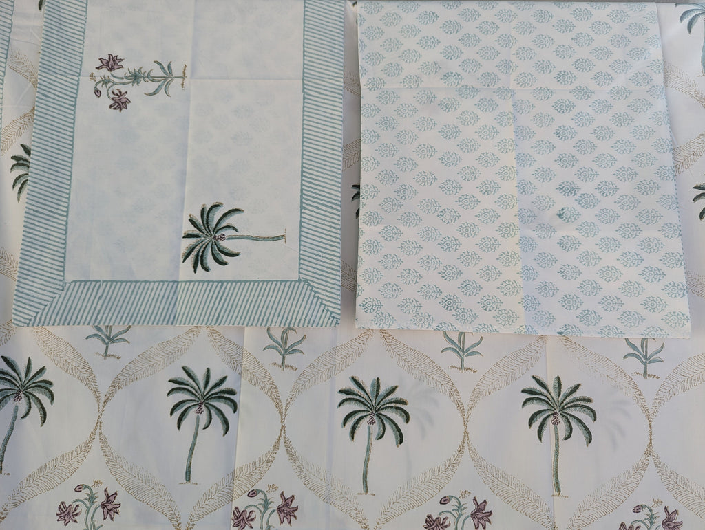 Tropical Style Jaipuri Hand Block Floral Percale Cotton Queen Flat Sheet (White base with multi colored pattern)