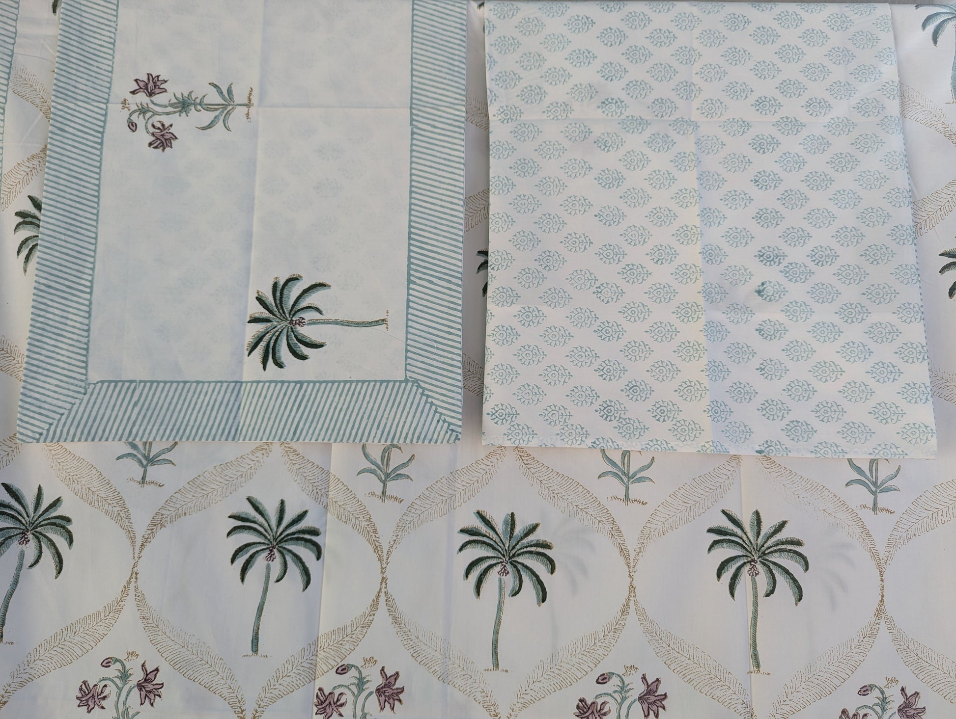 Tropical Style Jaipuri Hand Block Floral Percale Cotton Queen Flat Sheet (White base with multi colored pattern)