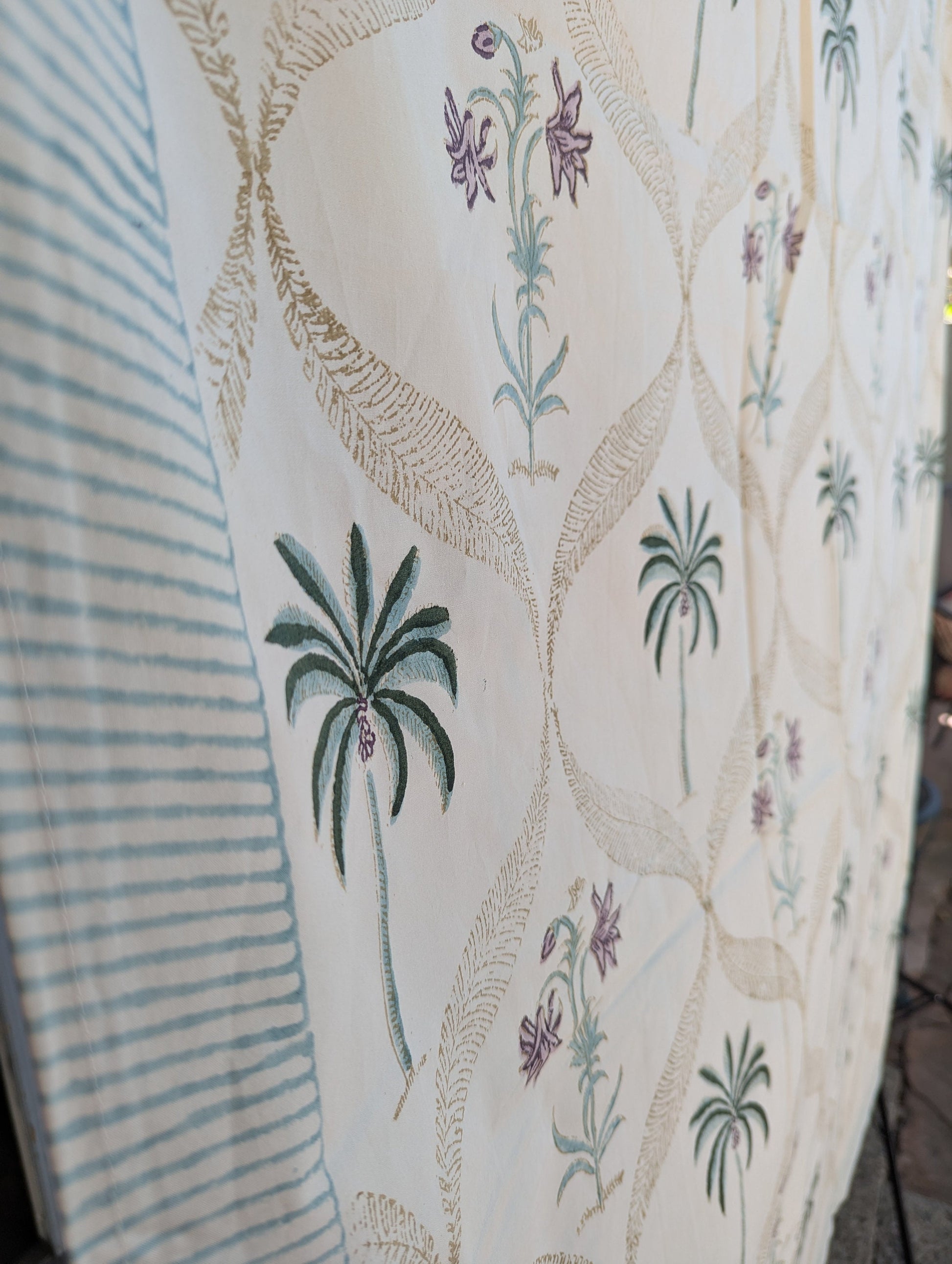 Tropical Style Jaipuri Hand Block Floral Percale Cotton Oversized Queen Flat Sheet (Cream base with floral pattern)