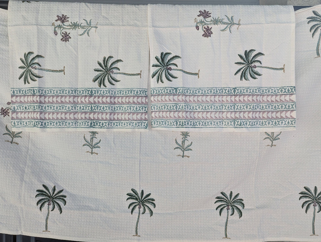 Tropical style Hand Block Printed Cotton 3-piece Towel Set (White Base)
