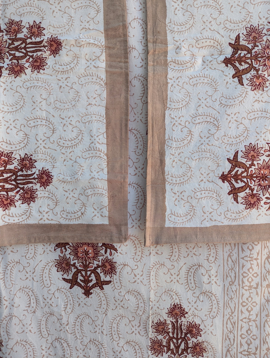 Block Print Organic Cotton Oversized King Floral Flat Sheet and Co-ord Pillows (White base with marroon floral pattern)
