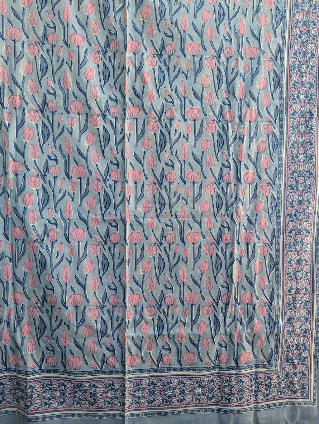 Block Print Organic Cotton Oversized King Tulip Flat Sheet and Co-ord Pillows (Gray base with pink floral pattern)