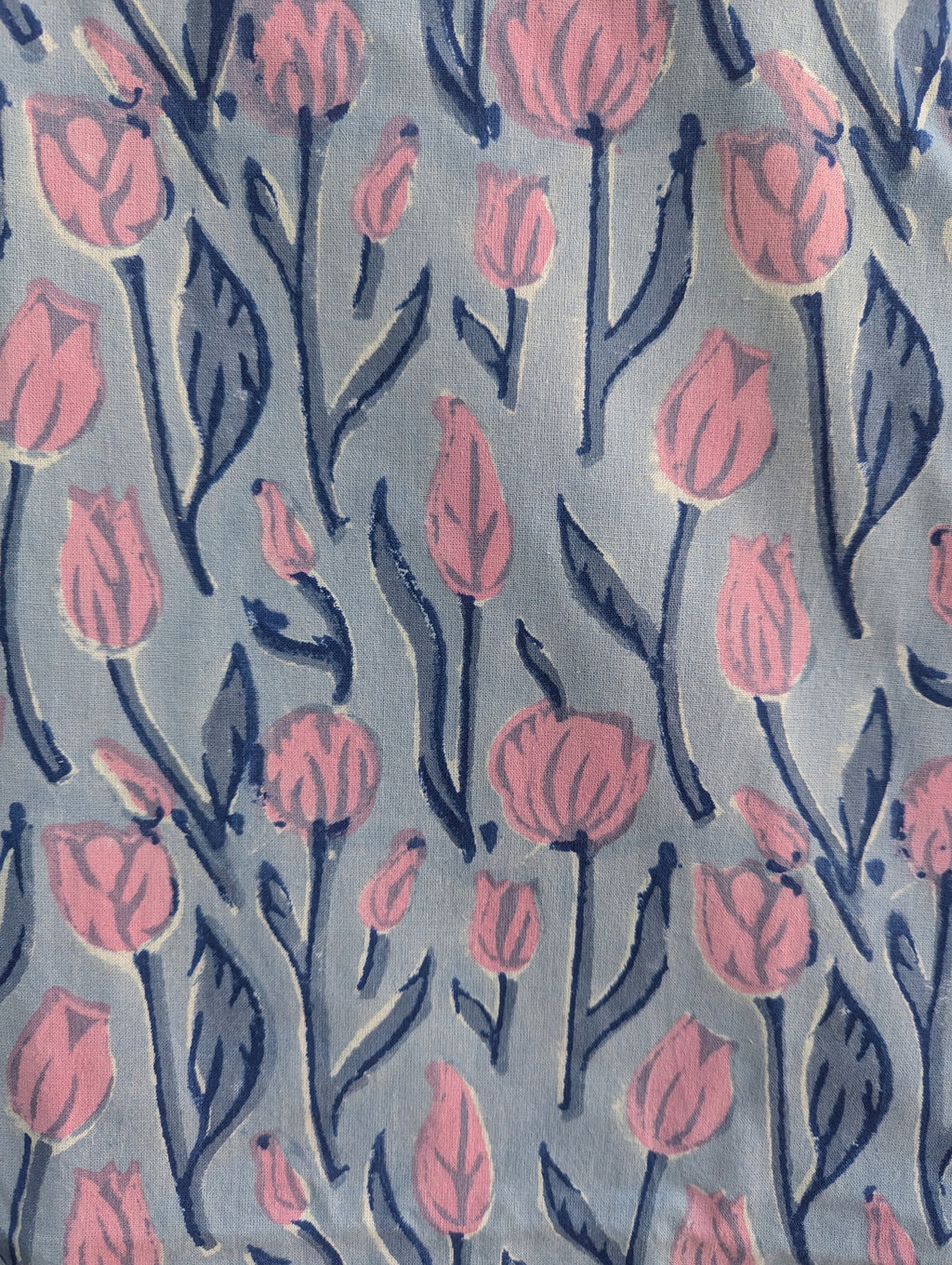Block Print Organic Cotton Oversized King Tulip Flat Sheet and Co-ord Pillows (Gray base with pink floral pattern)