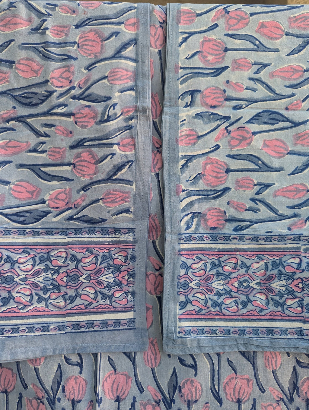 Block Print Organic Cotton Oversized King Tulip Flat Sheet and Co-ord Pillows (Gray base with pink floral pattern)