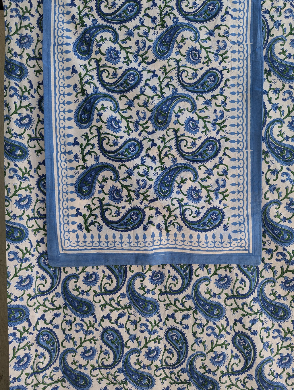 Block Print Organic Cotton Oversized King Floral Flat Sheet and Co-ord Pillows (White base with blue green floral pattern)