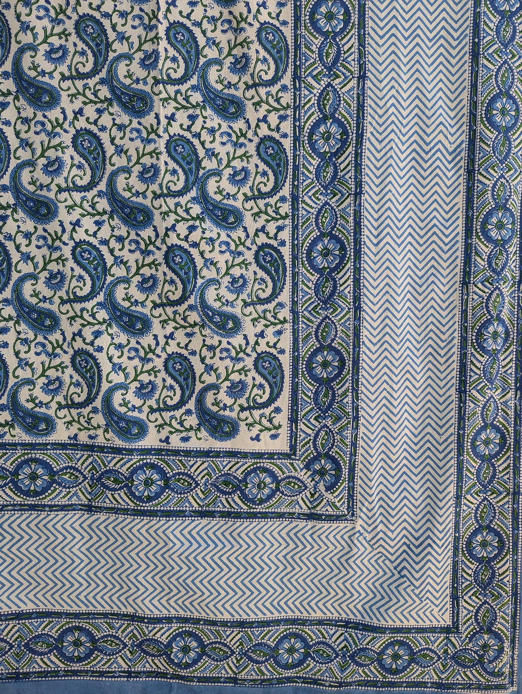 Block Print Organic Cotton Oversized King Floral Flat Sheet and Co-ord Pillows (White base with blue green floral pattern)