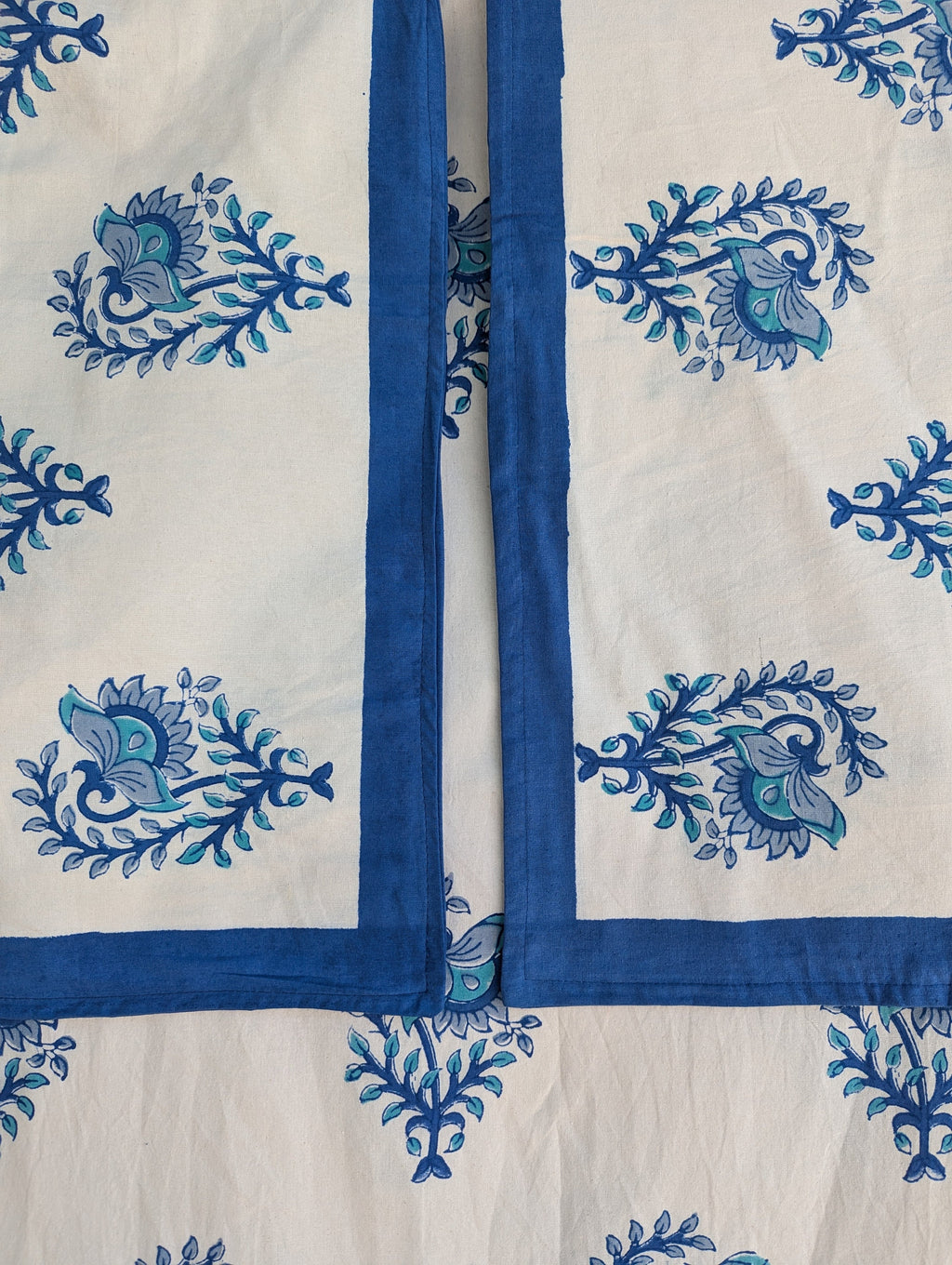 Block Print Organic Cotton Oversized King Symmetric Floral Flat Sheet and Co-ord Pillows (White base with large blue floral pattern)