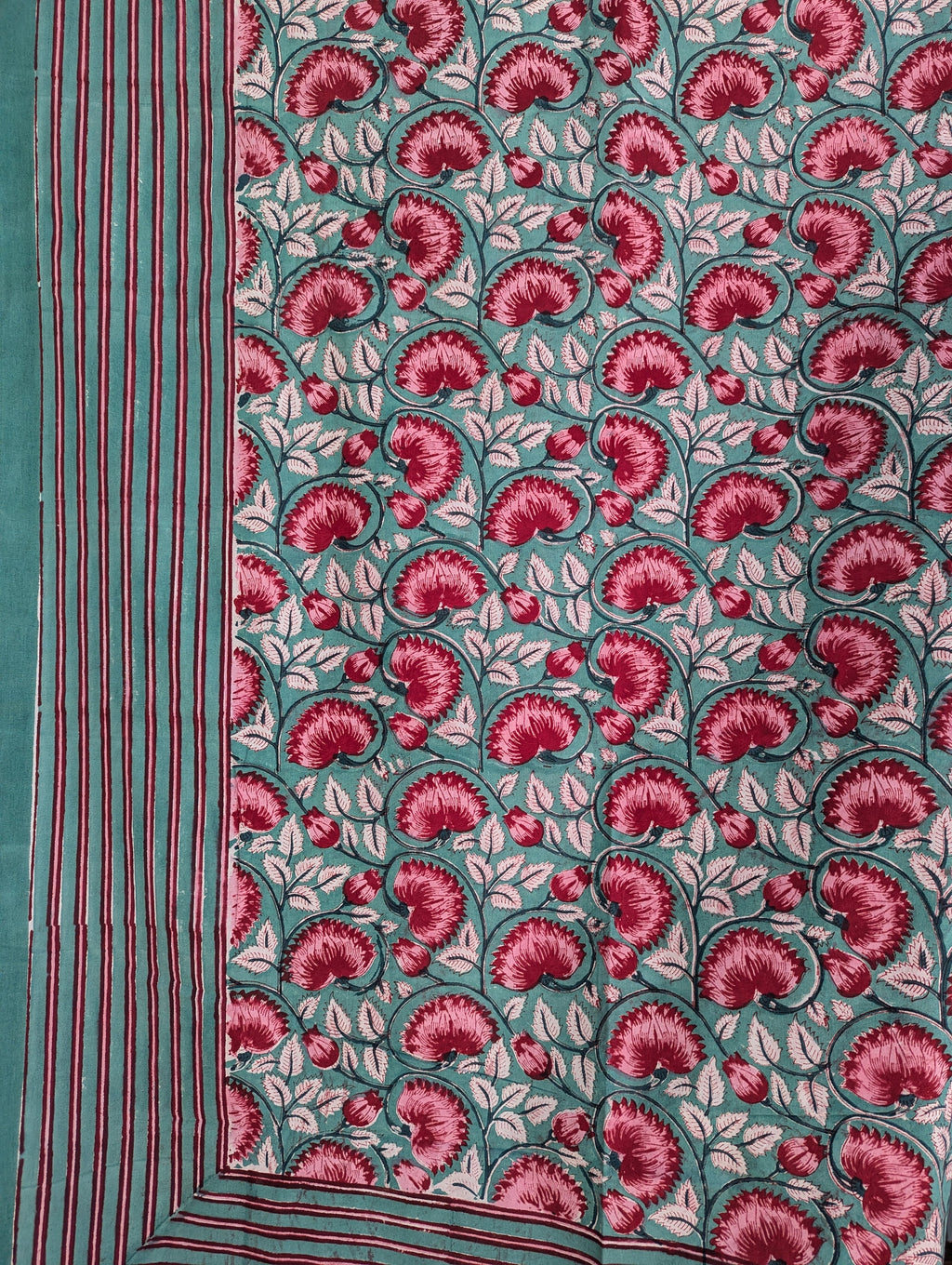 Block Print Organic Cotton Twin size Flat Sheet (Green base with pink floral pattern)