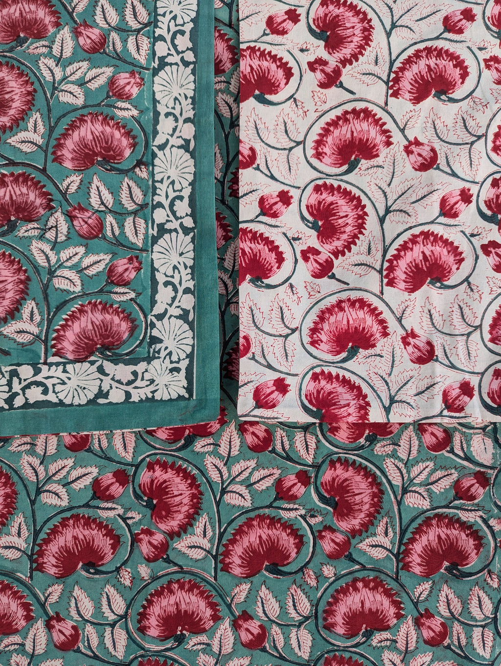 Block Print Organic Cotton Twin size Flat Sheet (Green base with pink floral pattern)