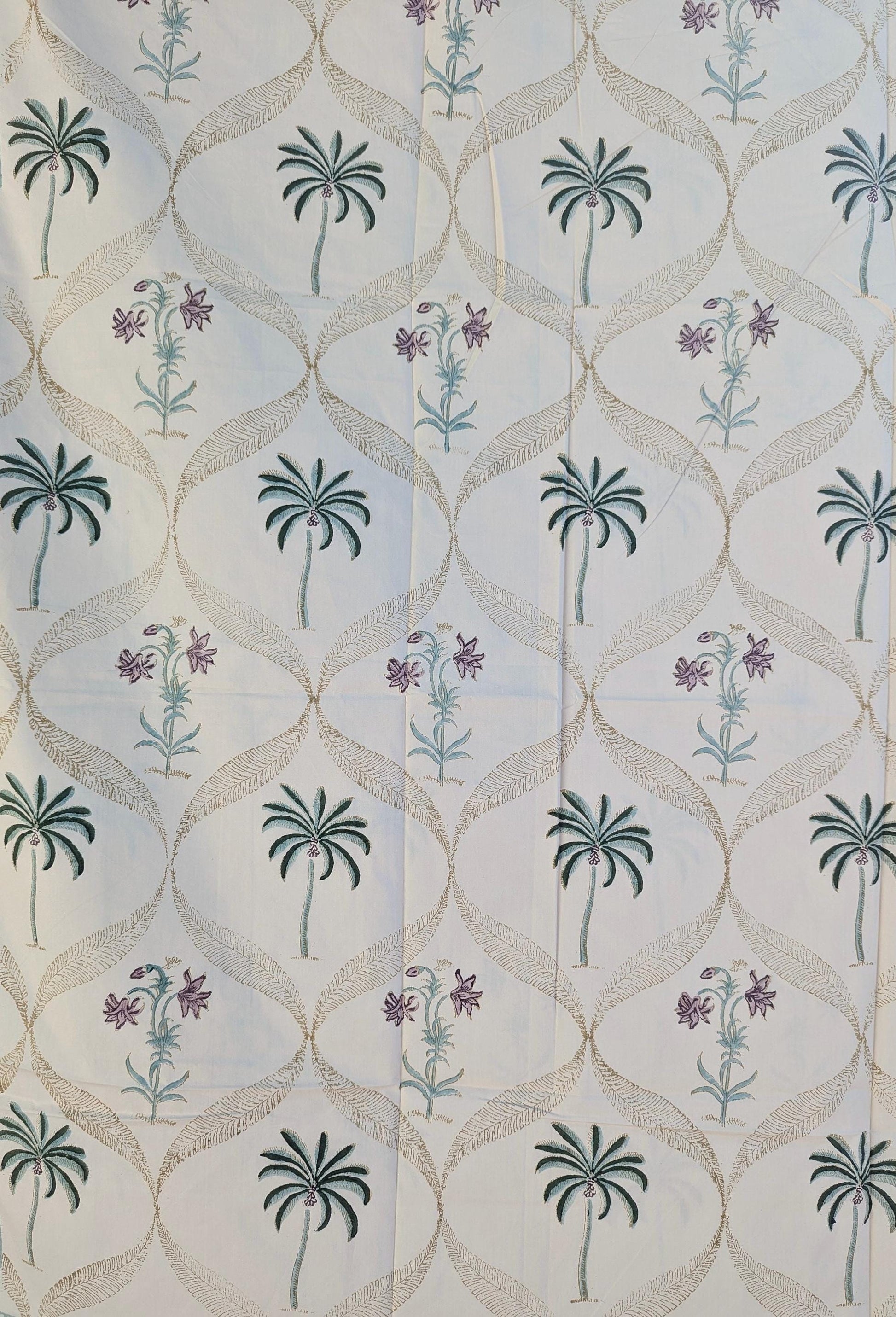 Tropical Style Jaipuri Hand Block Floral Percale Cotton Oversized Queen Flat Sheet (Cream base with floral pattern)