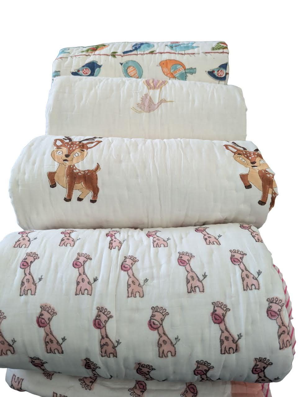 Cute Giraffe Handcrafted Block Print Baby or Kids Soft Cotton Reversible Blanket (42x60 inches)