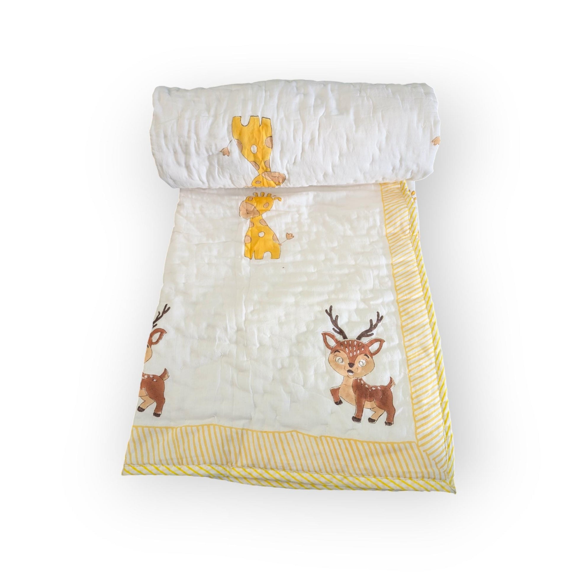 Playful Animals Handcrafted Block Print Baby or Kids Soft Cotton Reversible Blanket (42x60 inches)