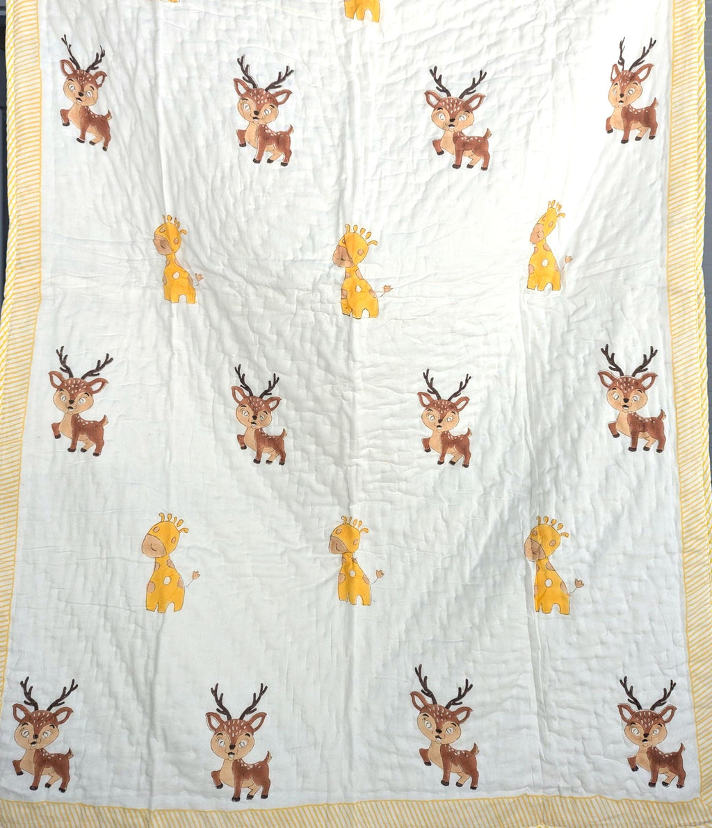 Playful Animals Handcrafted Block Print Baby or Kids Soft Cotton Reversible Blanket (42x60 inches)
