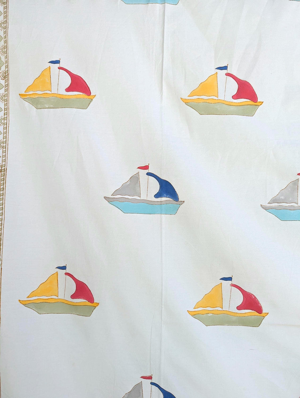 Colorful Boats Hand Block Printed Percale Cotton Kids Flat Sheet (60x90 inches)