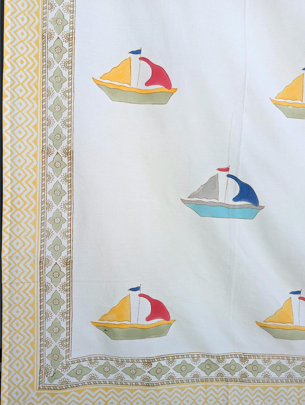 Colorful Boats Hand Block Printed Percale Cotton Kids Flat Sheet (60x90 inches)