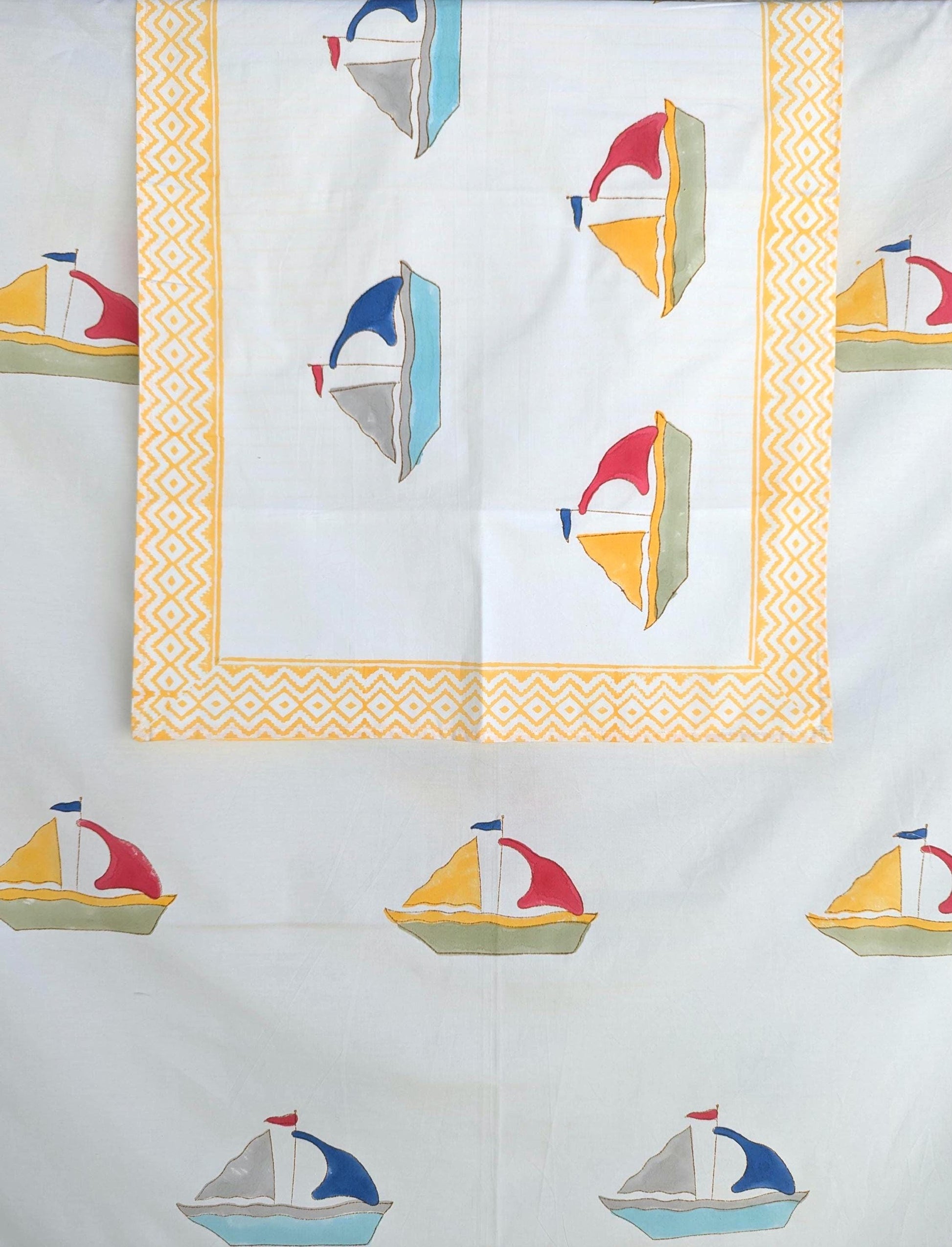 Colorful Boats Hand Block Printed Percale Cotton Kids Flat Sheet (60x90 inches)
