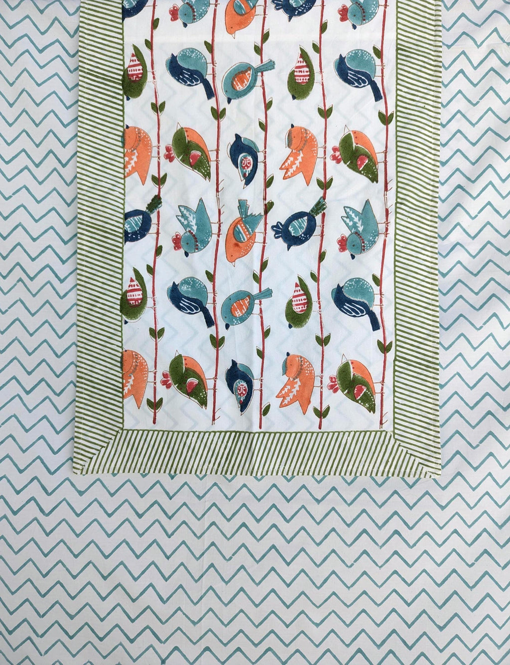 Zigzag Birdie Hand Block Printed Percale Cotton Kids Flat Sheet (60x90 inches)