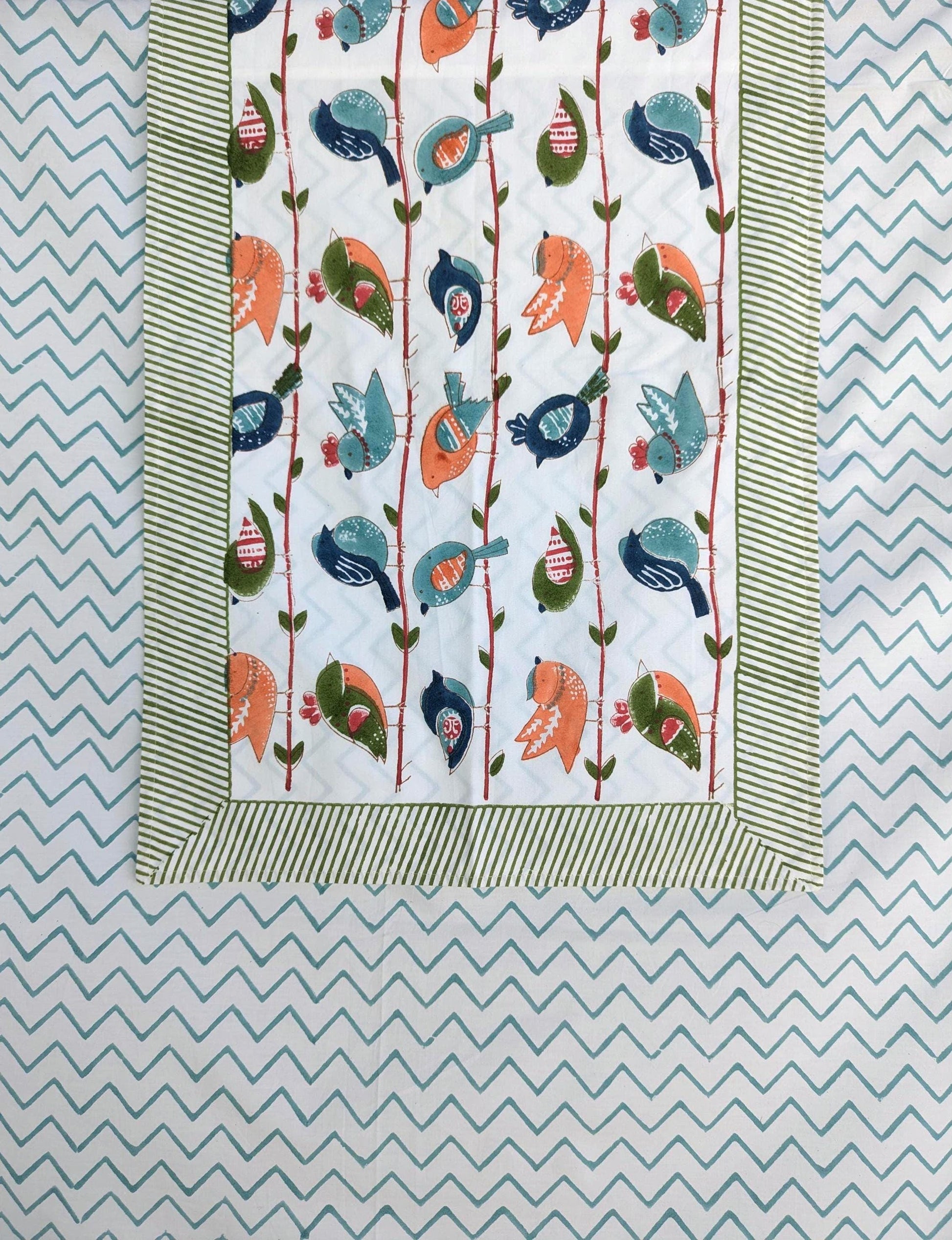 Zigzag Birdie Hand Block Printed Percale Cotton Kids Flat Sheet (60x90 inches)