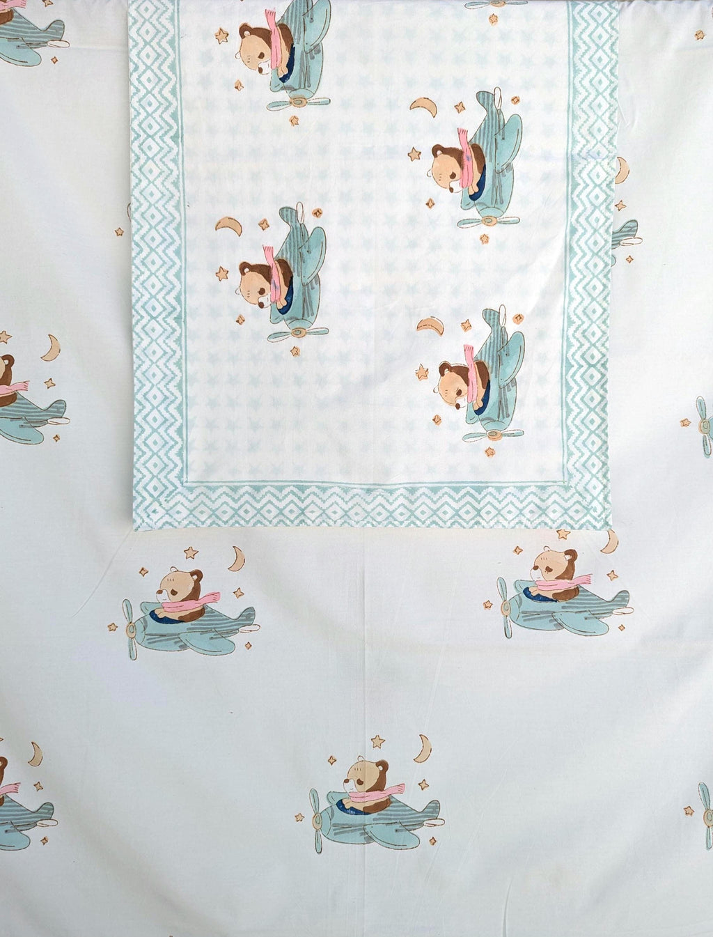 Teddy on a Plane Hand Block Printed Percale Cotton Kids Flat Sheet (60x90 inches)