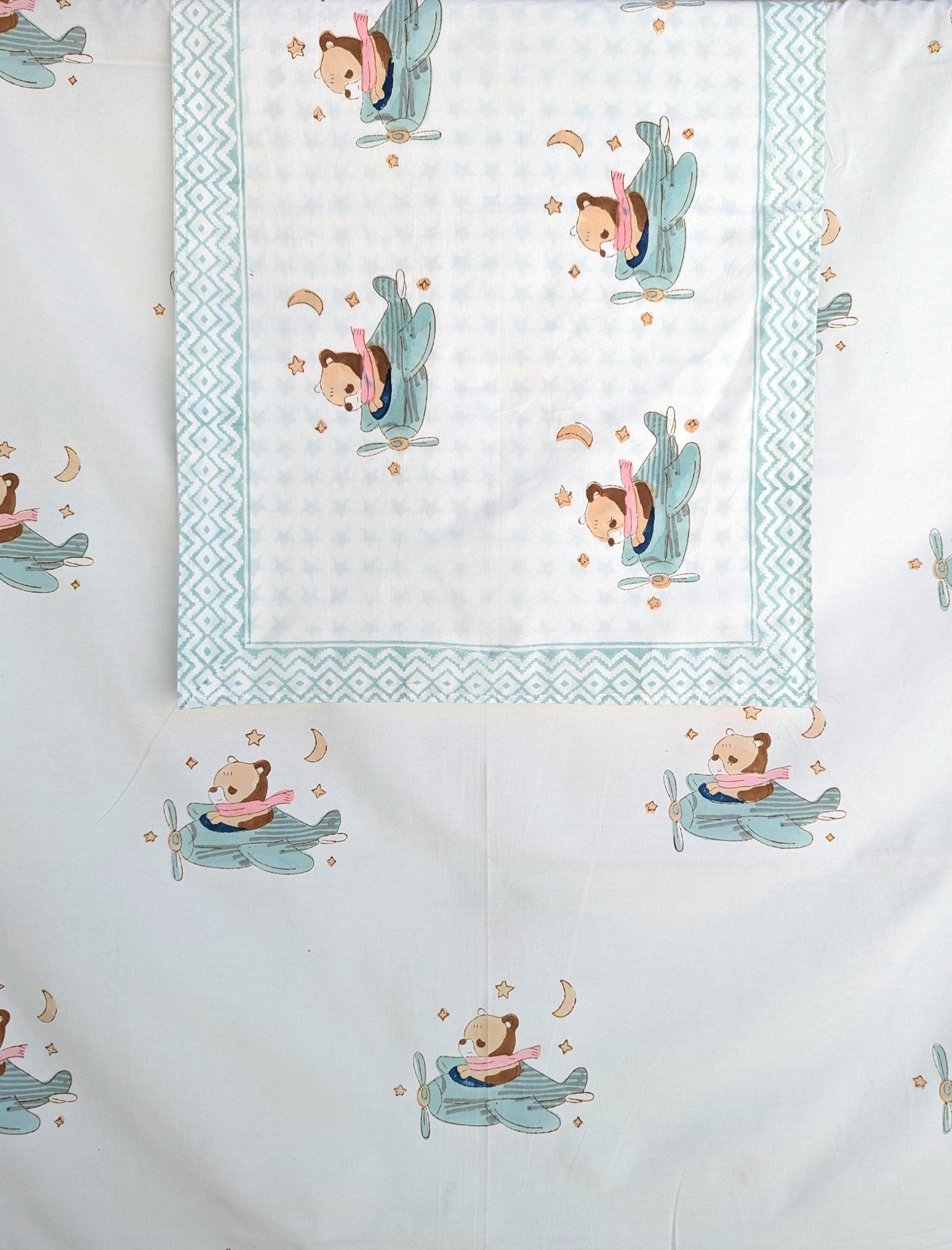 Teddy on a Plane Hand Block Printed Percale Cotton Kids Flat Sheet (60x90 inches)